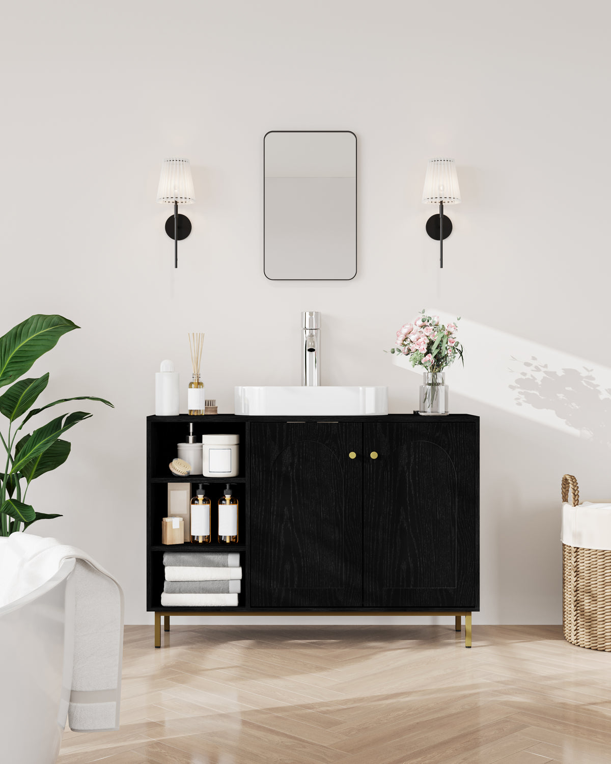 joyunite Vanity Unit, Base Cabinet, Washbasin Cabinet, Bathroom Cabinet with 2 Doors, Adjustable Shelf, Ample Storage Space, Modern Style, 30 x 90 x 63 cm, Black BC09804G