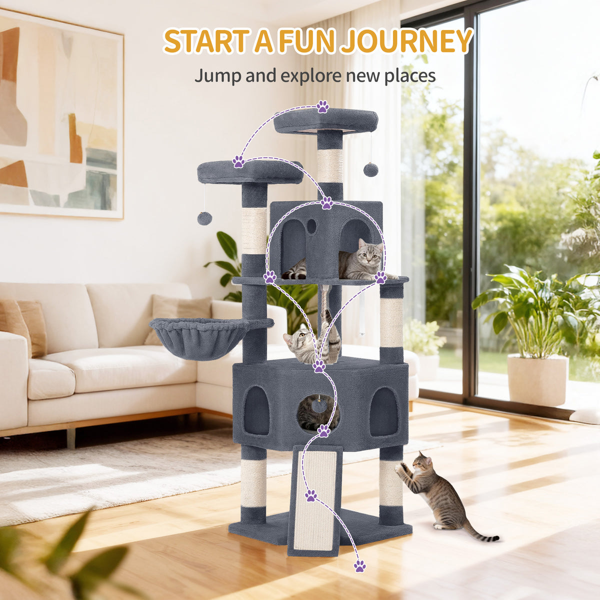 joyunite Cat Tree for Indoor Cats, 174cm Cat Tower for Large Cats, 2 Platforms, 2 Caves, 4 Sisal Posts, Scratching Board, Cat Basket, Sisal Rope, Heavy-Duty for multiple cats, Dark Grey MS17418SG