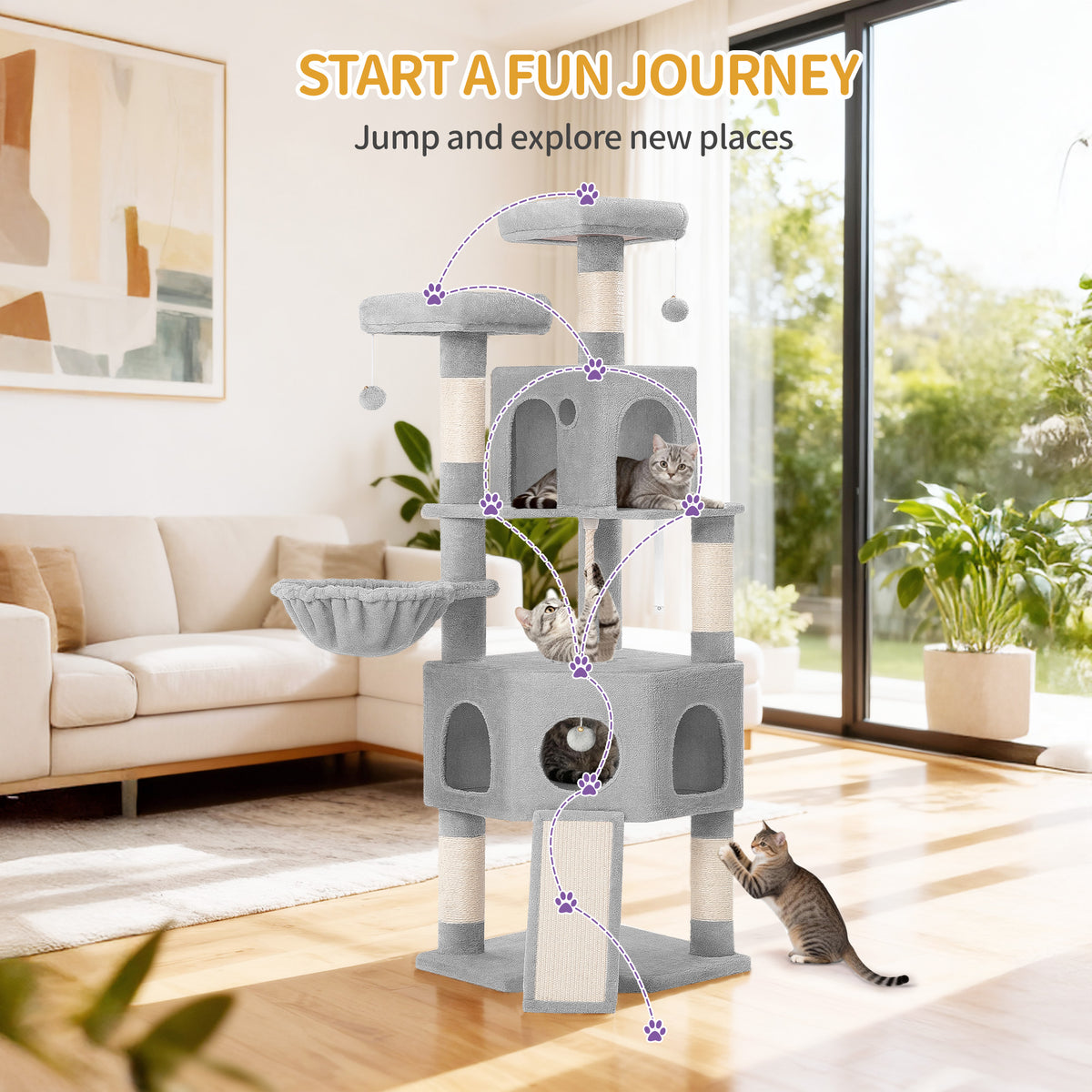 joyunite Cat Tree for Indoor Cats, 174cm Cat Tower for Large Cats, 2 Platforms, 2 Caves, 4 Sisal Posts, Scratching Board, Cat Basket, Sisal Rope, Heavy-Duty for multiple cats, Light Grey MS17418LG