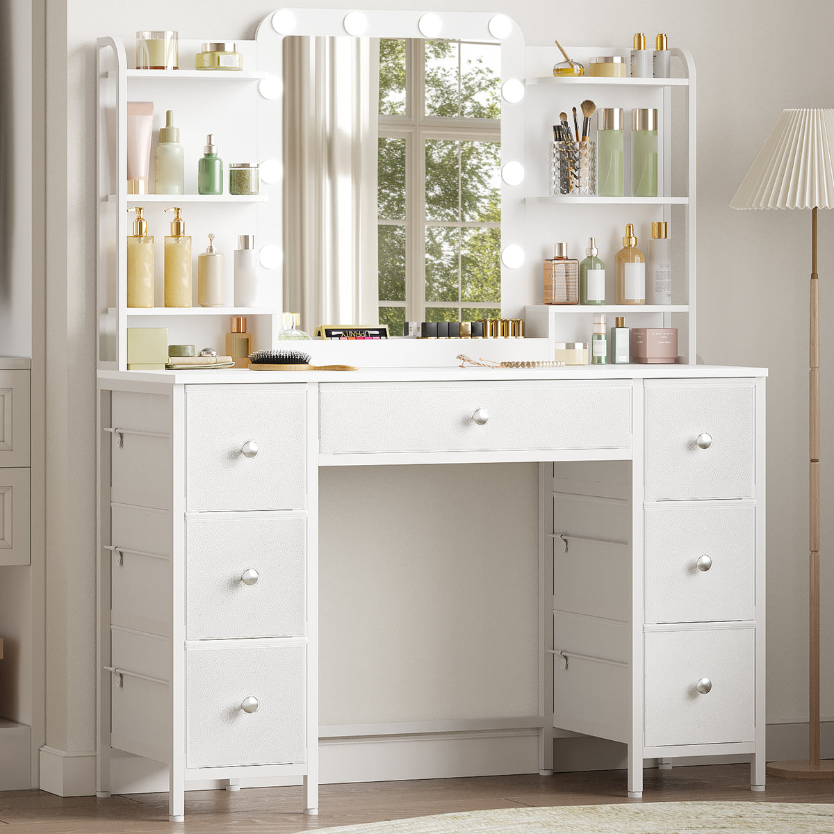 joyunite Vanity Table with LED Lighting, Vanity Table with Large HD Mirror, 7 Drawers and 6 Shelves, Bedroom Vanity Tables, Modern White DT42303X