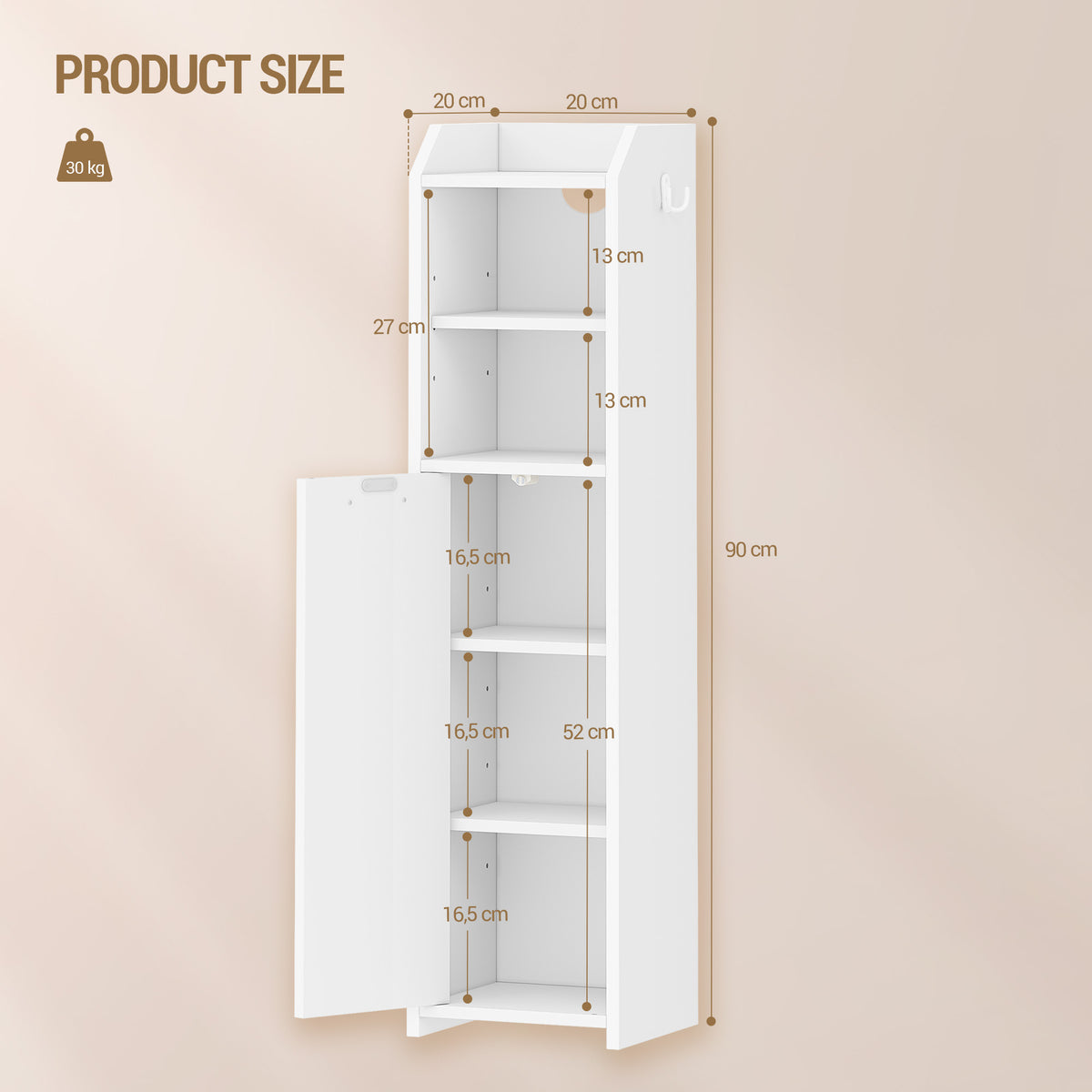 joyunite Bathroom Cabinet, Narrow Bathroom Cabinet, Toilet Cabinet, Narrow Bathroom Shelf, Adjustable Shelves, Easy Assembly, 20 x 20 x 90 cm White BC22903X