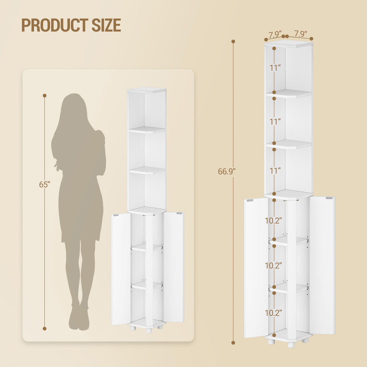 joyunite Tall Bathroom Cabinet, Corner Bathroom Cupboard with 3 Open Shelves and 2 Door, Freestanding White Wooden Corner Shelf Unit for Small Spaces, 20 x 20 x 170 cm, White, BC30003X