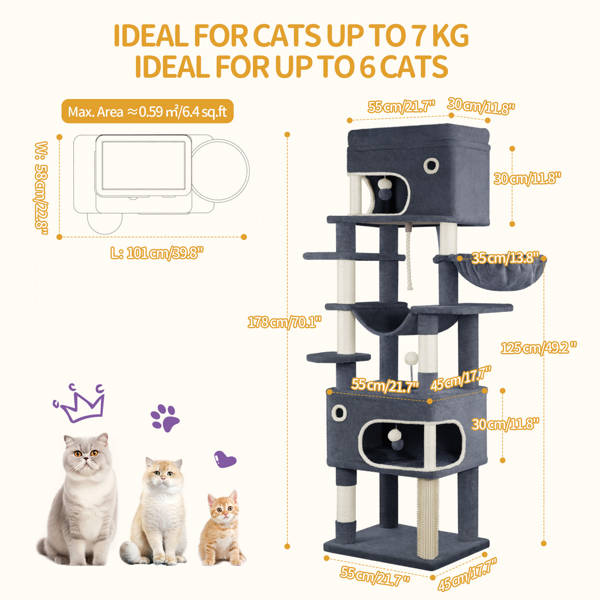 joyunite 178 cm Cat Tree for Indoor Cats, Multi-layer Scratching Post with Large Platform, 2 Caves, 7 Sisal Posts, Pompoms, Cat Basket, Hammock, Suitable for Cats, Dark Grey MS17818SG