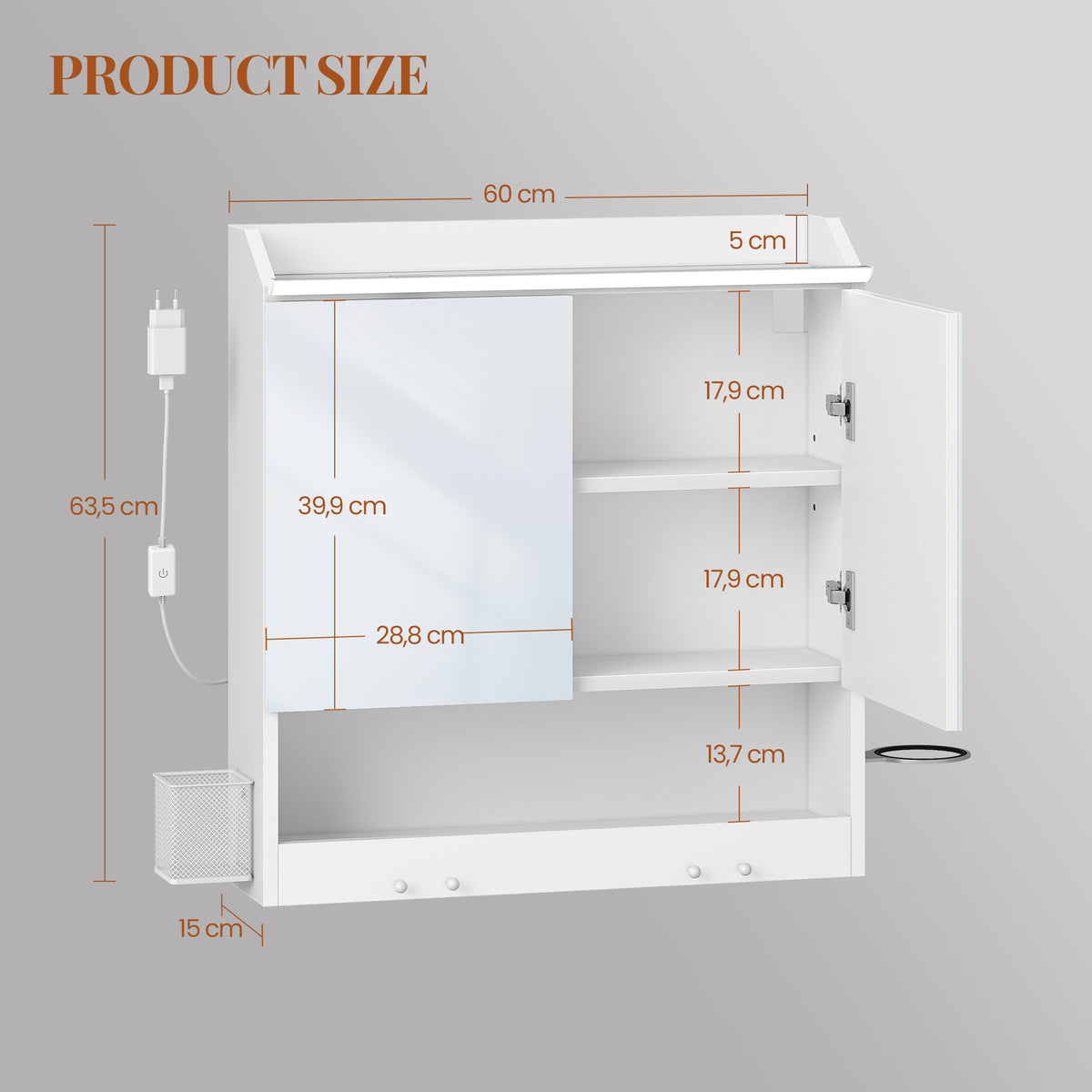 HEXCELEN 60 cm Bathroom Mirror Cabinet, Bathroom Cabinet with Mirror, Wall Cabinet with 2 Doors, Adjustable Levels, with Hooks, for Bathroom, 15 x 60 x 63.5 cm, White, 590203X