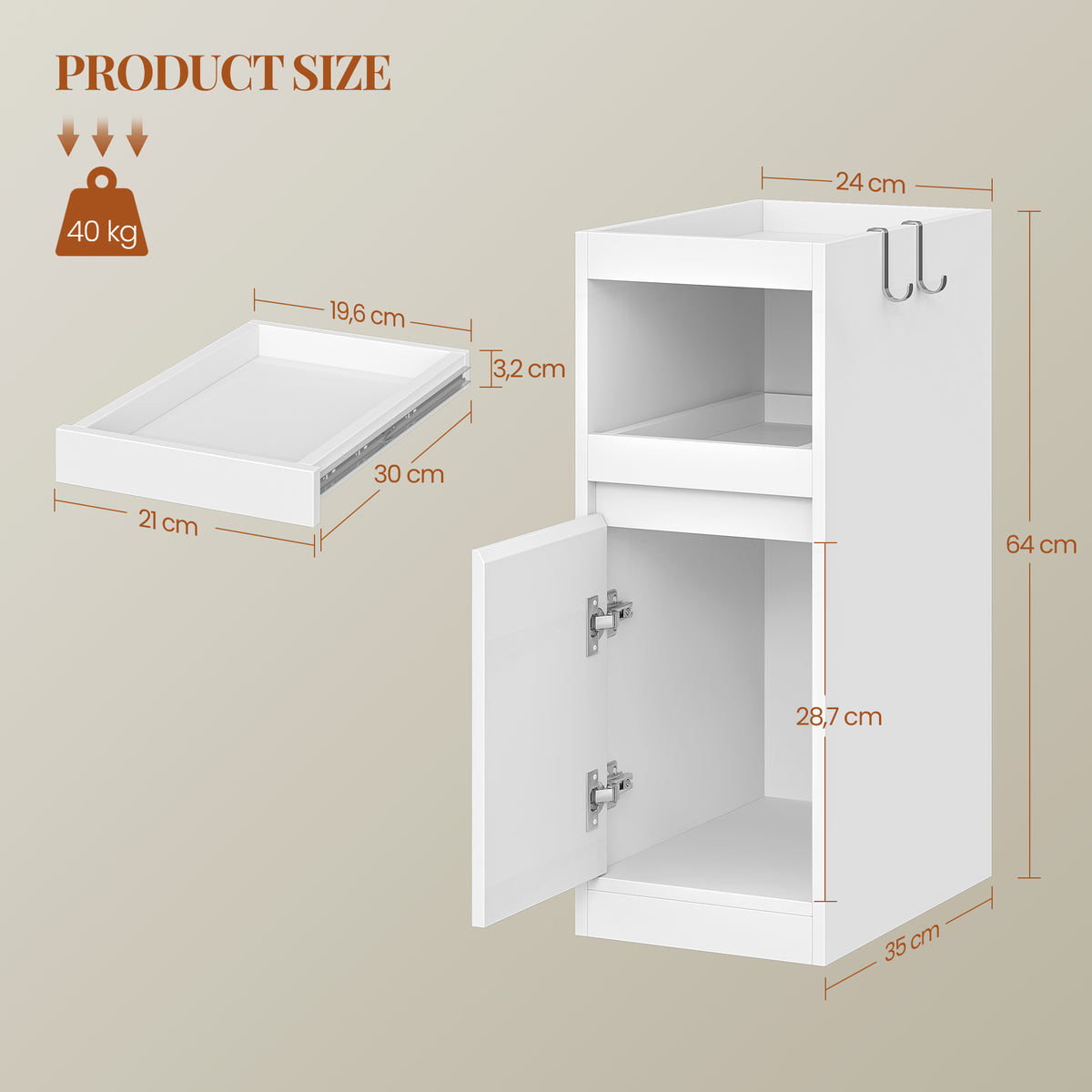HEXCELEN Narrow Nightstand Set of 2, Nightstands with Tray, Side Table with 1 Door, Side Table with 2 Hooks, Space-Saving, for Bedroom, Living Room, Modern Style, White, 35 × 24 × 64 cm 301203X
