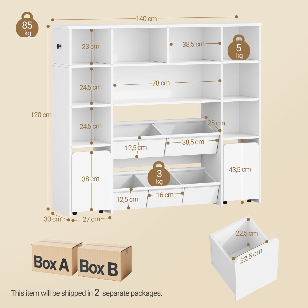 joyunite Children's Shelf with 2 Rollable Storage Boxes, 4-Tier Bookcase, Children's Bookcase, Toy Shelf, Bookcase for Children's Room, Living Room, White, 30 x 140 x 120 cm KB75203W