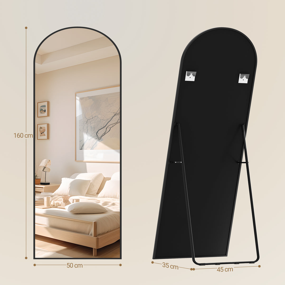 joyunite Full-Length Mirror, 160 x 50 cm, Standing Mirror with Stand, Full-Length Wall-Mounted Mirror, Tempered Glass, Aluminum Alloy Frame, for Bedroom, Living Room, Black DM41999B