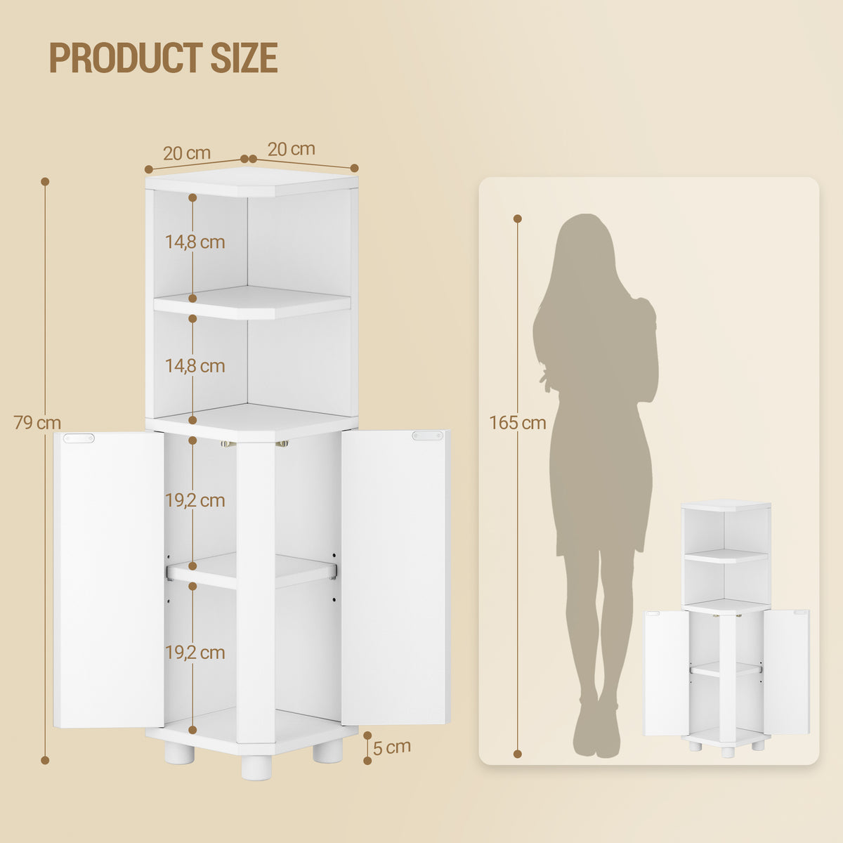joyunite Bathroom Cabinet, Corner Bathroom Cabinet, Toilet Cabinet with Adjustable Shelves, 2 Side Doors, Freestanding Tall Cabinet, 20 x 20 x 79 cm, White BC20003X