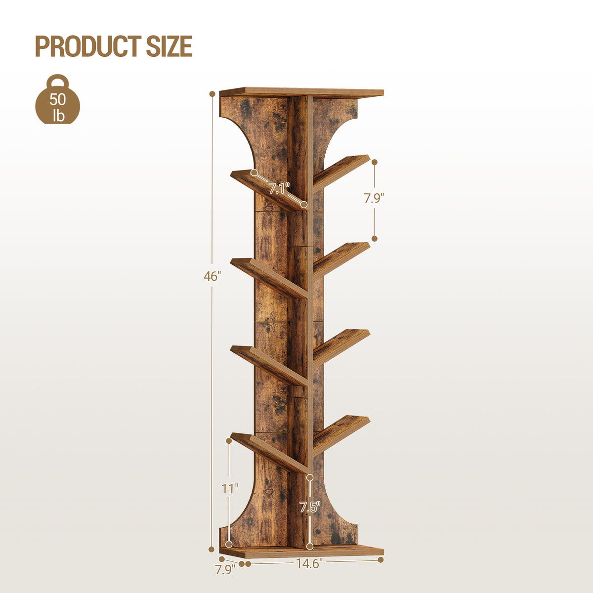 joyunite Tree Bookshelf Bookcase, 11 Tier Floor Standing Book Shelf, Narrow Bookcase, Display Shelf for Living Room, Home, Office, Bedroom, Rustic Brown, BC01601X