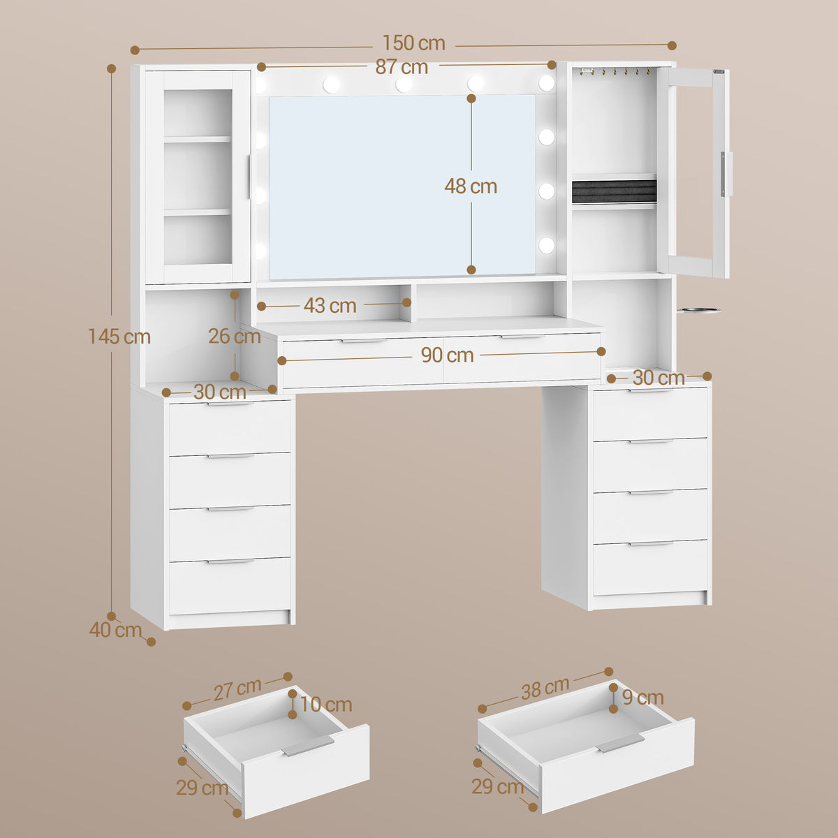 joyunite 150cm Dressing Table with LED Lighting, Dressing Table with Multi Socket, 11 LED Lights, Three Lighting Colours, 10 Drawers, Storage for Jewelry, White-Silver DT434703XEU