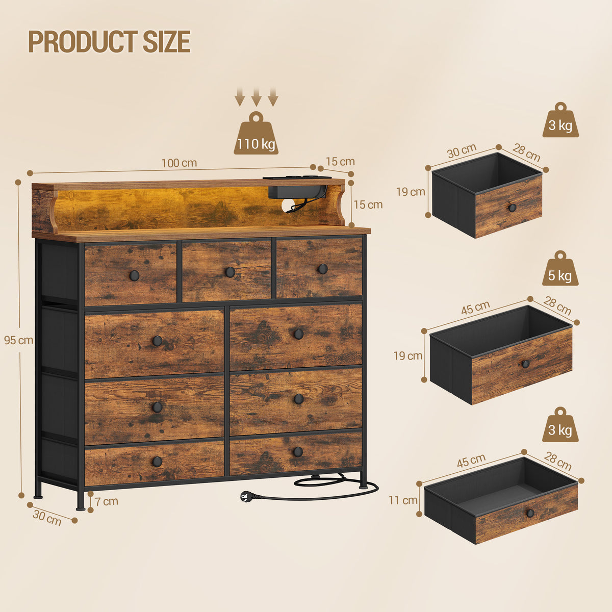 joyunite Chest of Drawers, 9 Drawers, LED Light Strip, 2 USB & 2 AC Ports, Versatile Storage Furniture for Living Room and Bedroom, 30 x 100 x 95 cm, Vintage Brown DU02901B