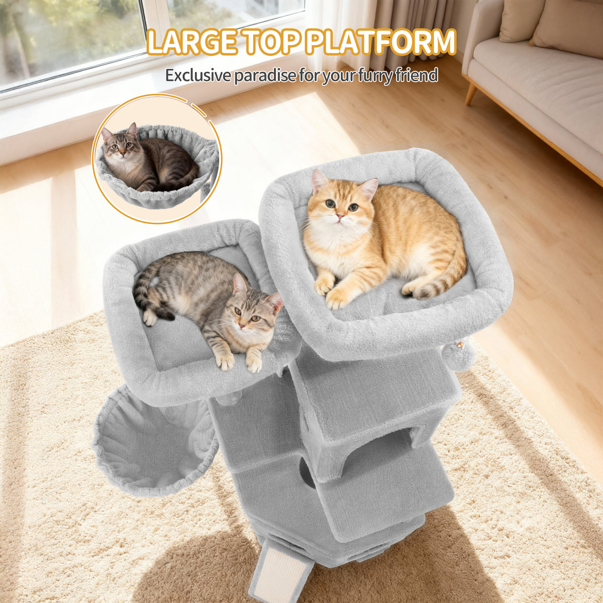 joyunite Cat Tree for Indoor Cats, 174cm Cat Tower for Large Cats, 2 Platforms, 2 Caves, 4 Sisal Posts, Scratching Board, Cat Basket, Sisal Rope, Heavy-Duty for multiple cats, Light Grey MS17418LG