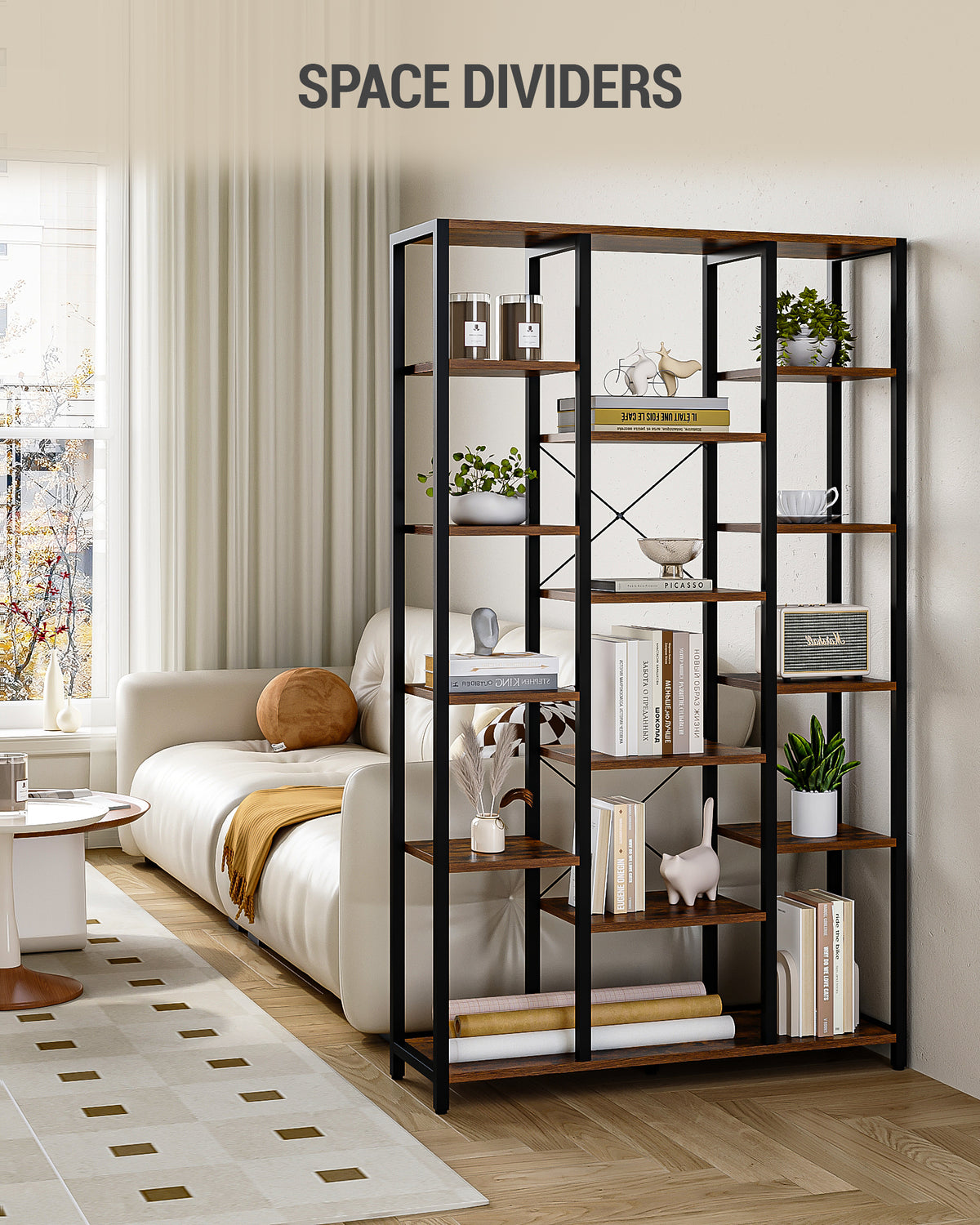 joyunite 6-Level Bookshelf with 15 Adjustable Shelves, Vintage Brown-Black, 30 x 100 x 170 cm