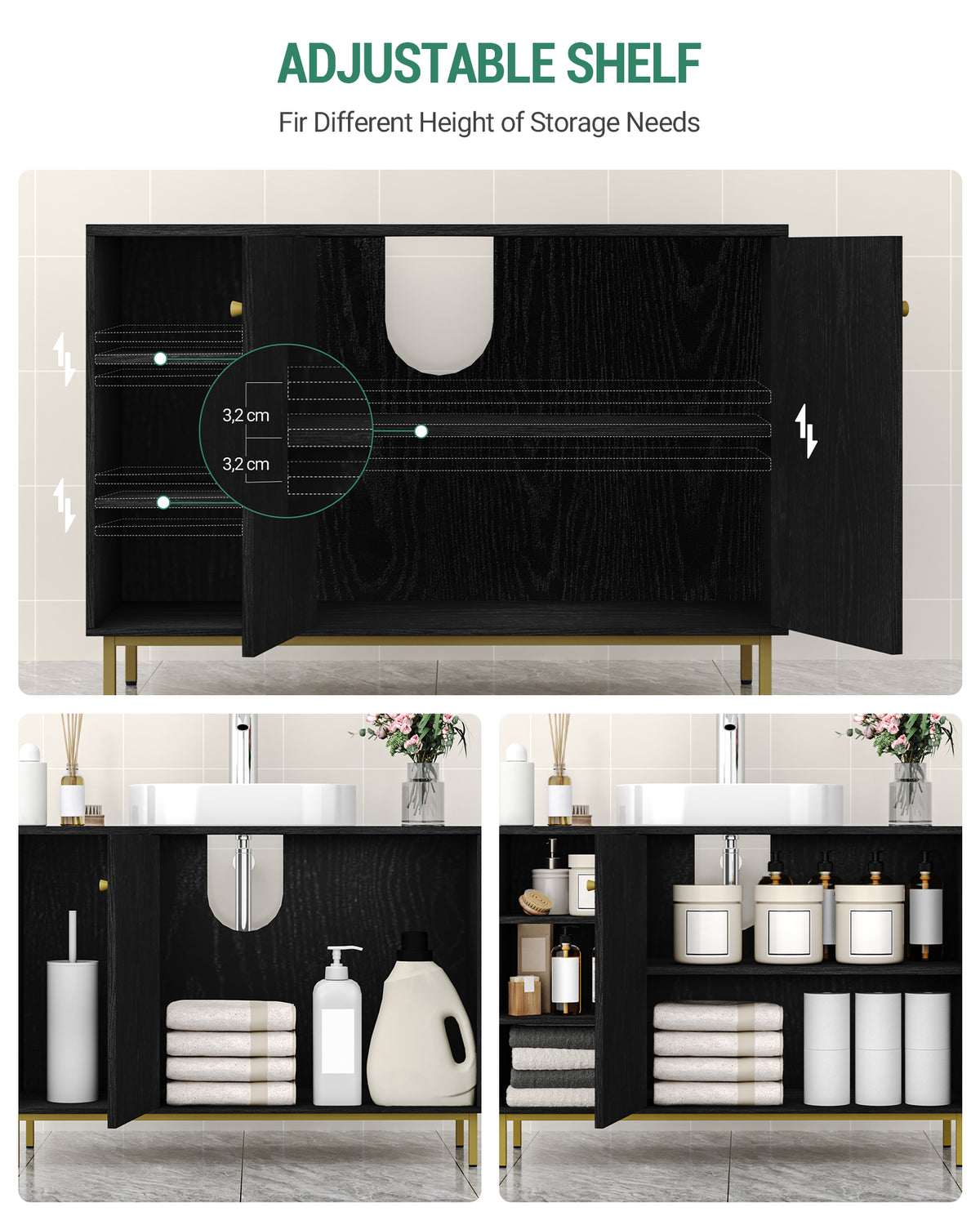joyunite Vanity Unit, Base Cabinet, Washbasin Cabinet, Bathroom Cabinet with 2 Doors, Adjustable Shelf, Ample Storage Space, Modern Style, 30 x 90 x 63 cm, Black BC09804G