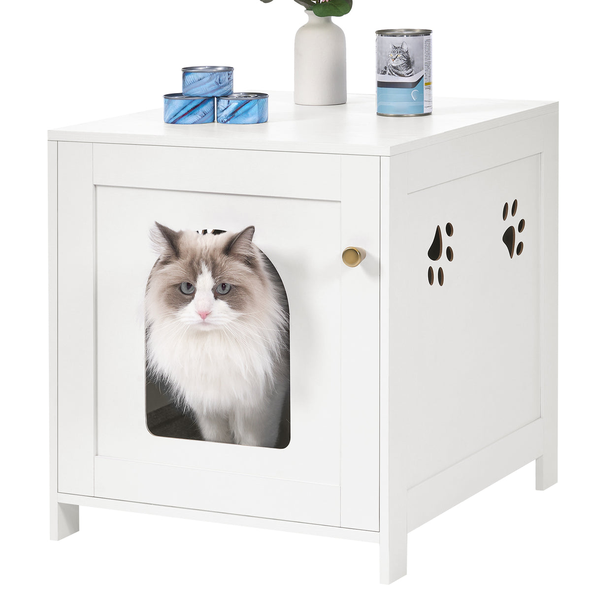 joyunite Cat Litter Box Enclosure, 52 cm L Hidden Litter Box Furniture, Wooden Indoor Pet House with Front Arched Door, Side End Table, Nightstand for Living Room, Bedroom, White CB82213X