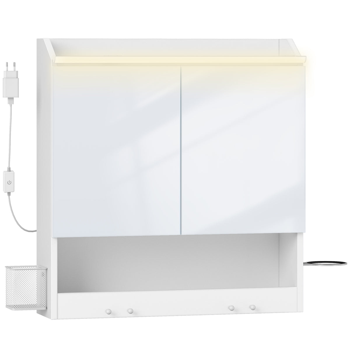 HEXCELEN 60 cm Bathroom Mirror Cabinet, Bathroom Cabinet with Mirror, Wall Cabinet with 2 Doors, Adjustable Levels, with Hooks, for Bathroom, 15 x 60 x 63.5 cm, White, 590203X