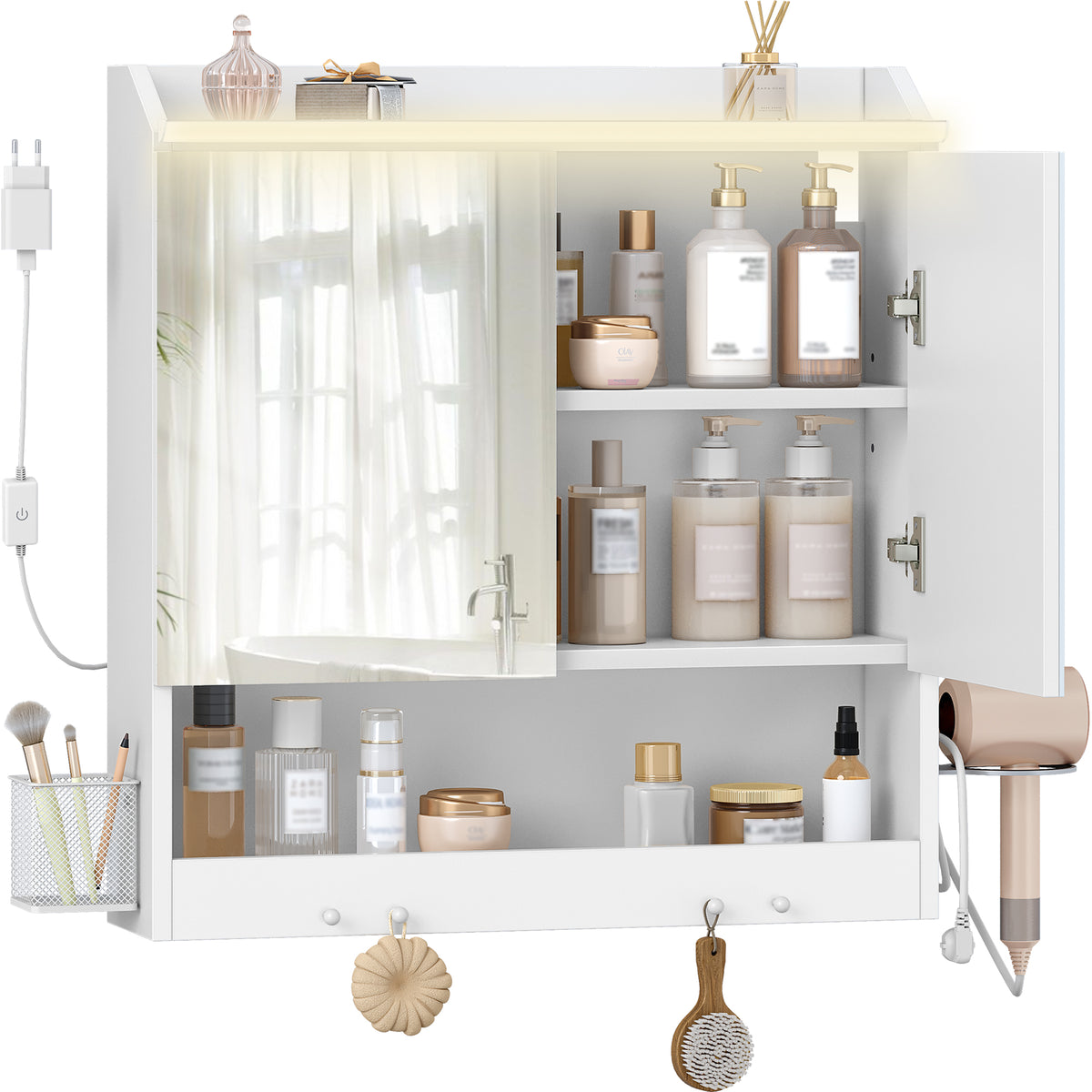 HEXCELEN 60 cm Bathroom Mirror Cabinet, Bathroom Cabinet with Mirror, Wall Cabinet with 2 Doors, Adjustable Levels, with Hooks, for Bathroom, 15 x 60 x 63.5 cm, White, 590203X