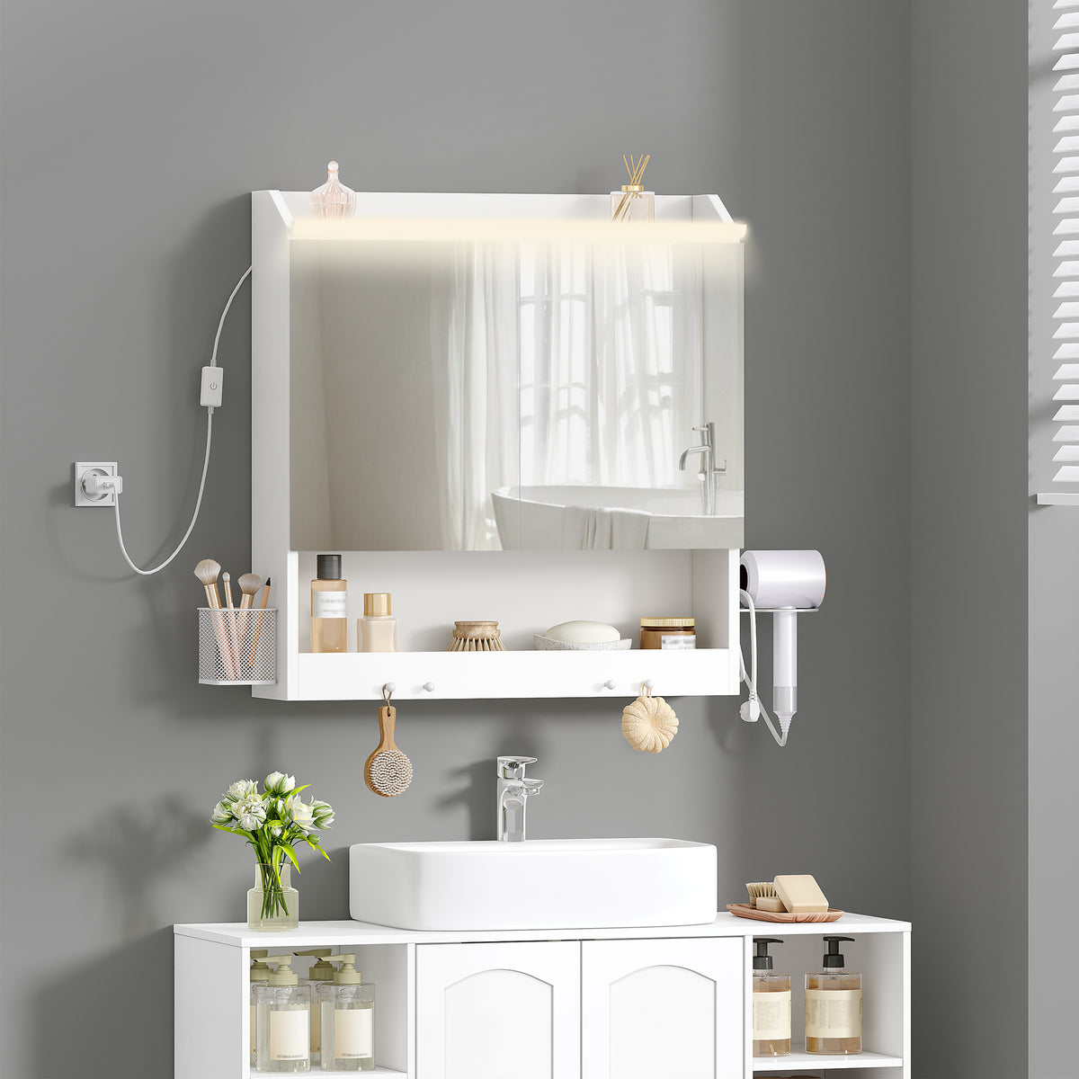 HEXCELEN 60 cm Bathroom Mirror Cabinet, Bathroom Cabinet with Mirror, Wall Cabinet with 2 Doors, Adjustable Levels, with Hooks, for Bathroom, 15 x 60 x 63.5 cm, White, 590203X