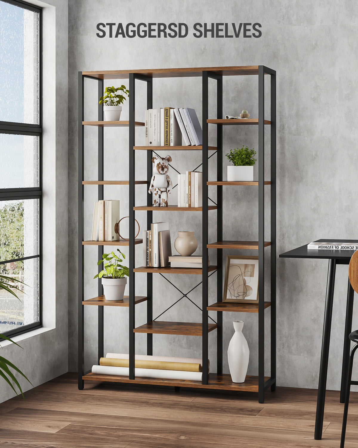 joyunite 6-Level Bookshelf with 15 Adjustable Shelves, Vintage Brown-Black, 30 x 100 x 170 cm