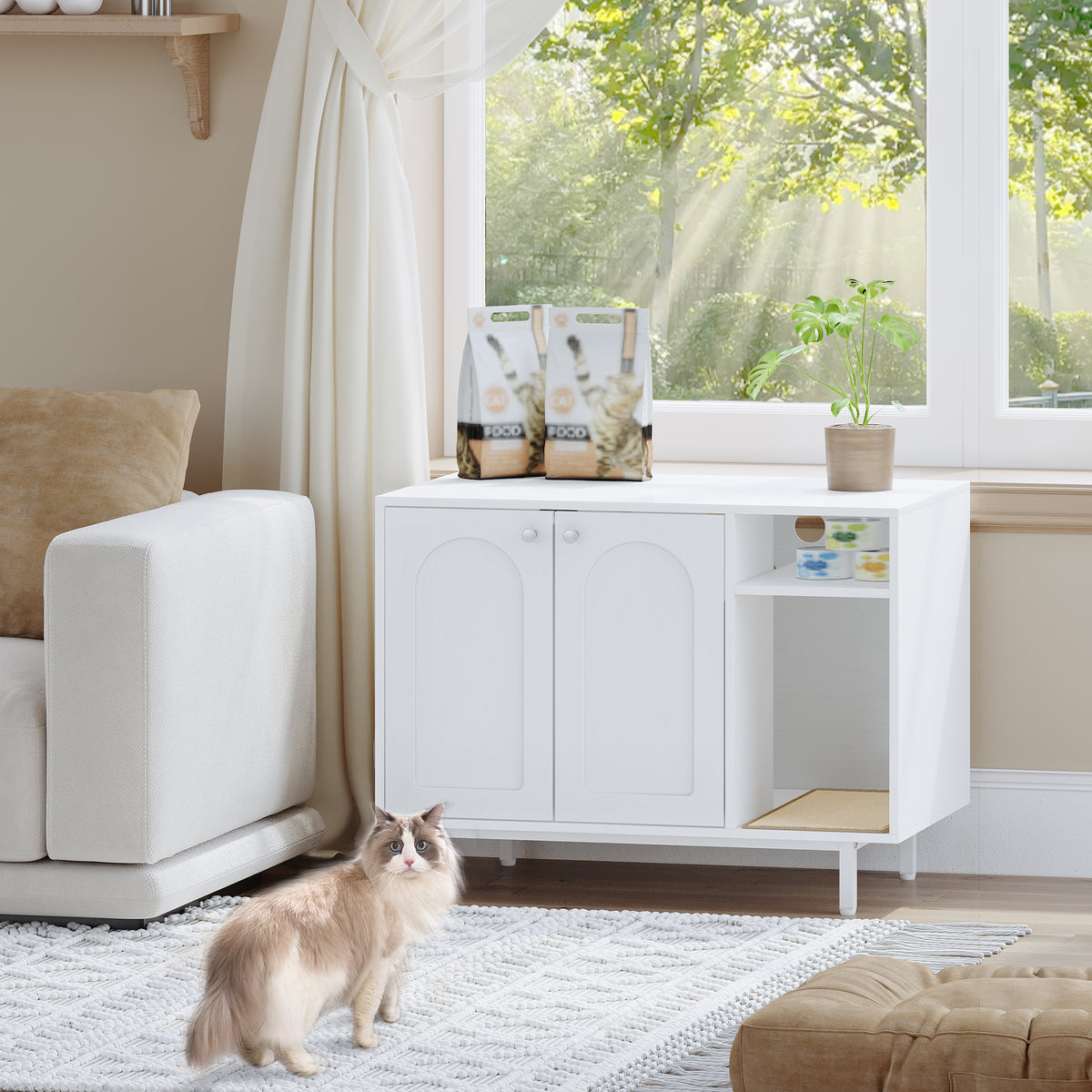joyunite Cat Litter Box Enclosure, Hidden Litter Box Furniture with Scratching Mat, Wooden Pet House Side End Table, Tall Legs, Double Doors, 80 x 50 x 61 cm, White CB01513W