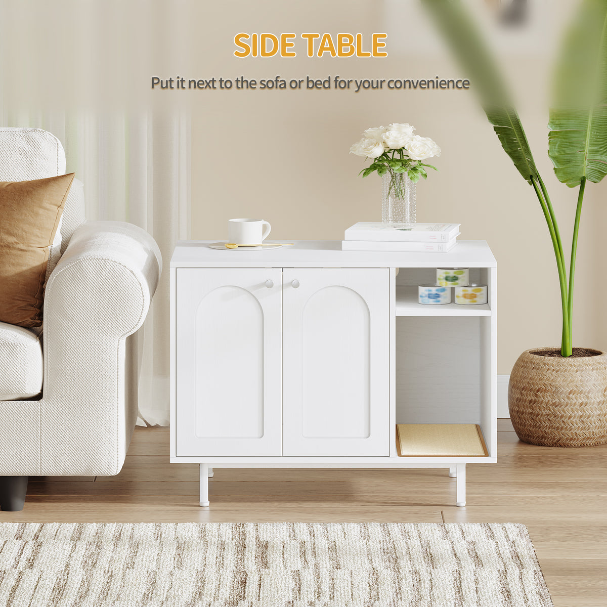 joyunite Cat Litter Box Enclosure, Hidden Litter Box Furniture with Scratching Mat, Wooden Pet House Side End Table, Tall Legs, Double Doors, 80 x 50 x 61 cm, White CB01513W
