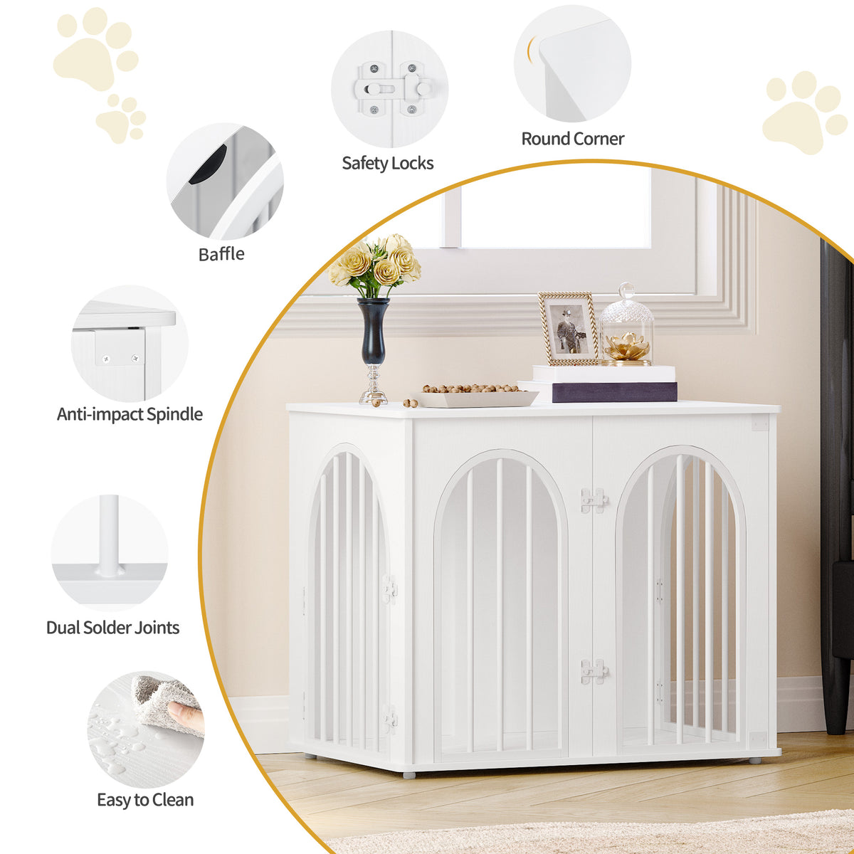 joyunite Dog Cage Furniture, 68cm Dog Box for Home, 3 Doors, Arched Door, Modern Indoor Dog Crate for Dogs, Side Table, Heavy Duty Dog Cage, 68 x 49 x 56 cm, White DFC85513W