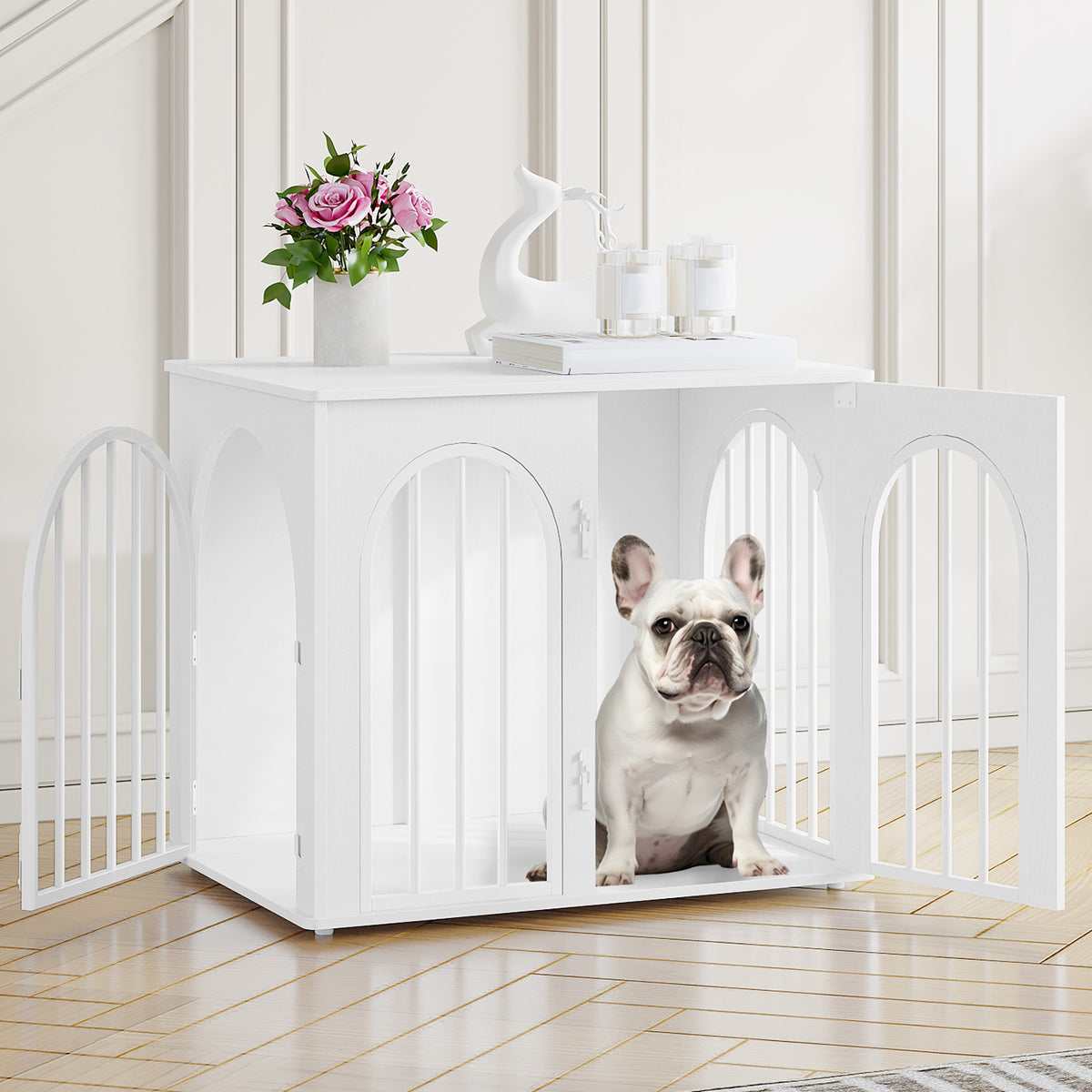 joyunite Dog Cage Furniture, 68cm Dog Box for Home, 3 Doors, Arched Door, Modern Indoor Dog Crate for Dogs, Side Table, Heavy Duty Dog Cage, 68 x 49 x 56 cm, White DFC85513W