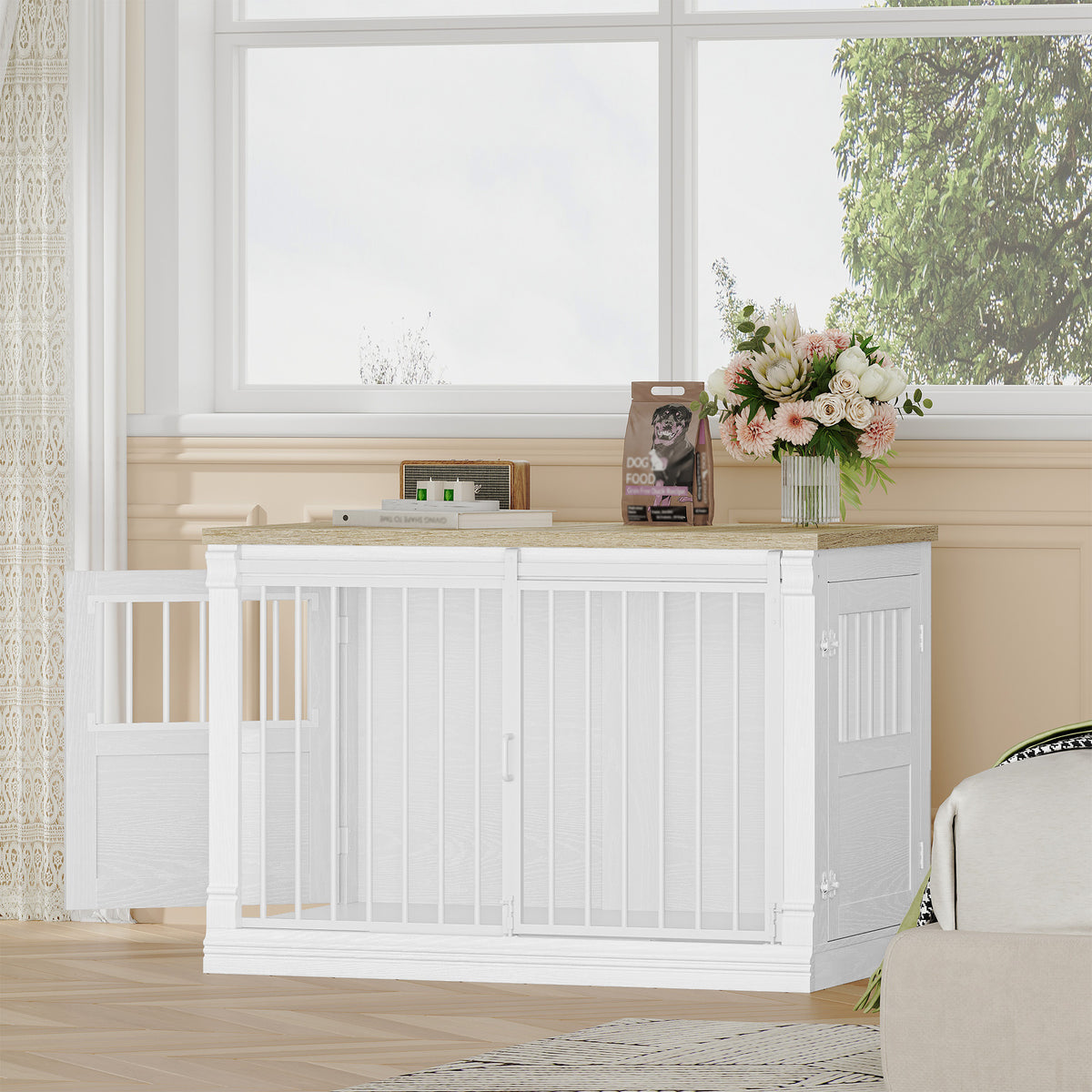 HEXCELEN 101cm Dog Cage Furniture, Dog Crate Wood, Dog Crate for Home with 3 Doors, Sliding Doors, for Small, Medium, Large Dogs, Robust, Side Table, 101 x 60.5 x 70 cm, White Oak and White,910213W