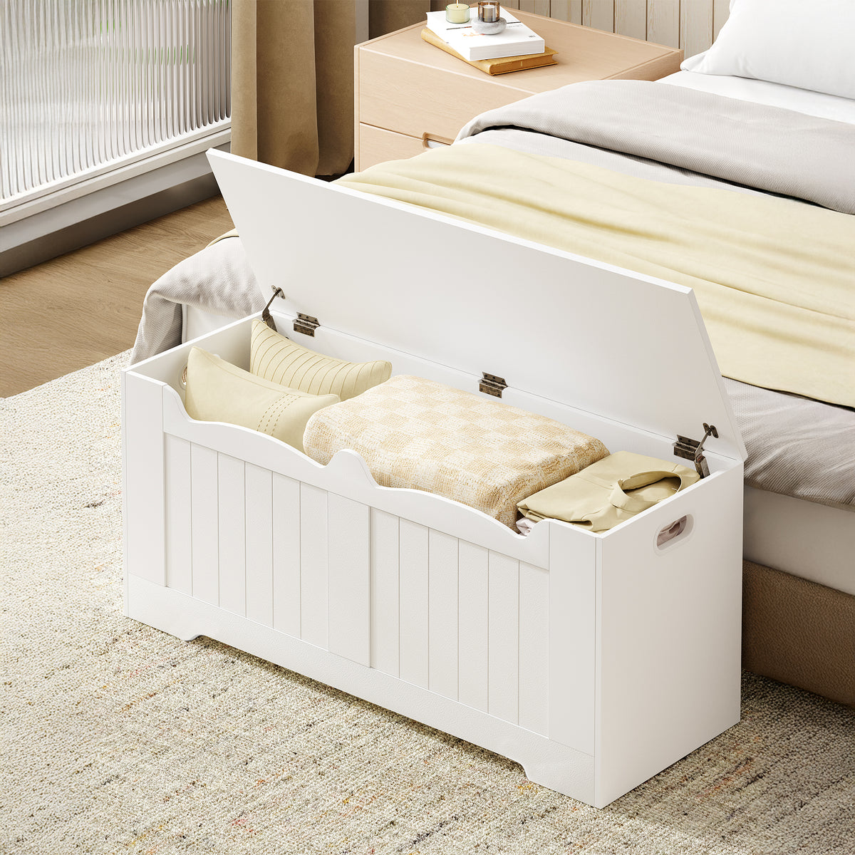 joyunite Shoe Bench Storage Box, White, 40 x 110 x 48 cm SB25503X Shoe Bench with 2 Stable Hinges for Entrance, Bedroom, Living Room