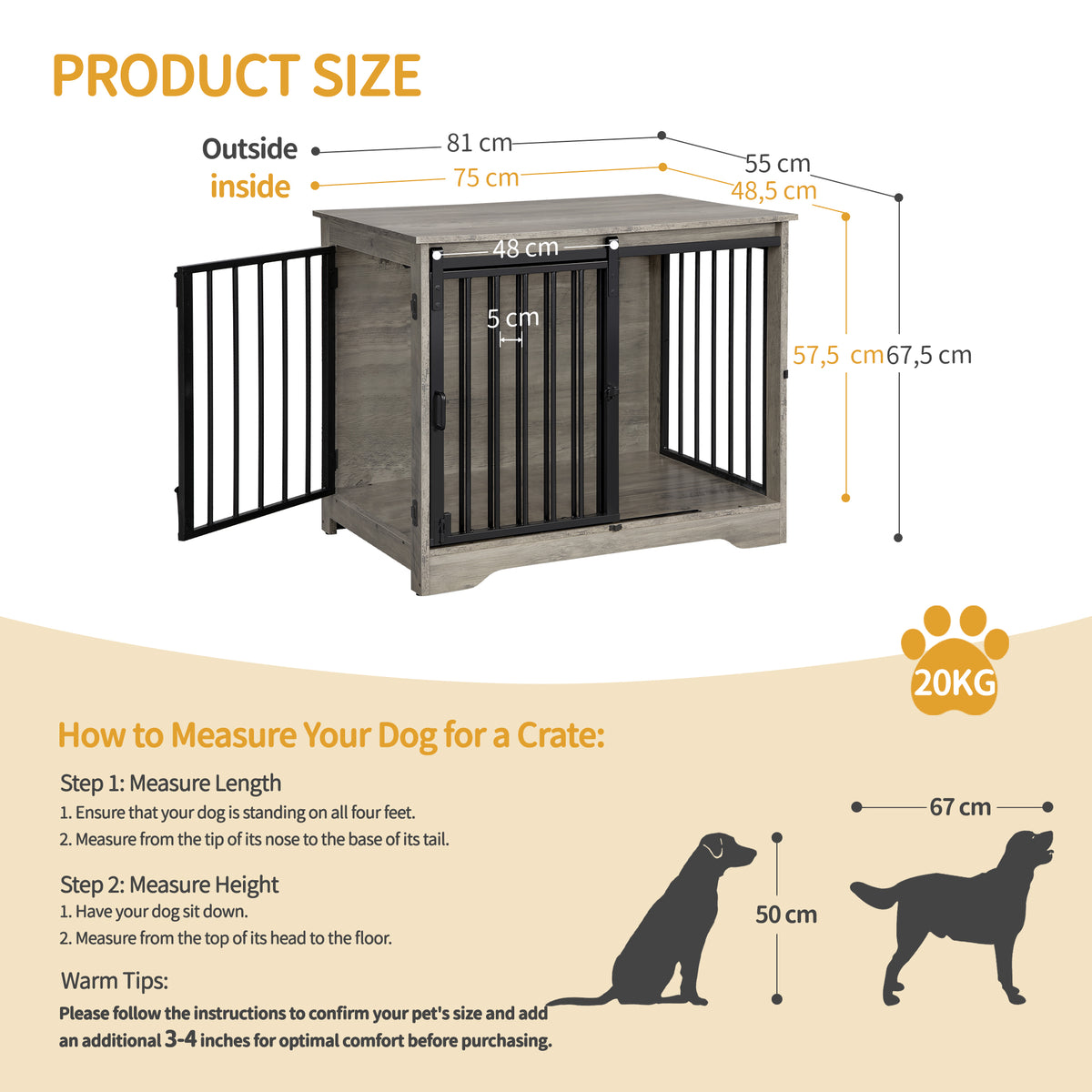 joyunite Dog Crate Furniture, 81cm Dog Box for Home Use, Sliding Doors, 2 Doors, Modern Wooden Indoor Dog Box for Small/Medium Dogs, Dog Crate for Home Use, 81 x 55 x 67.5cm, Light Ivory DFC83605B