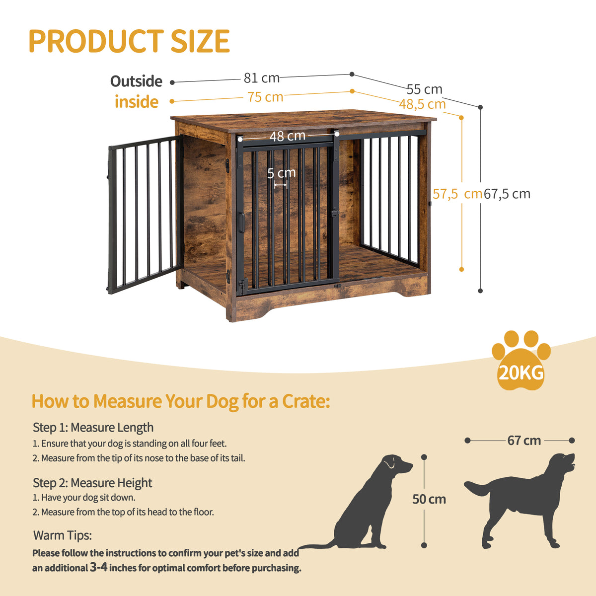 joyunite Dog Crate Furniture, 81cm Dog Box for Home Use, Sliding Doors, 2 Doors, Modern Wooden Indoor Dog Box for Small/Medium Dogs, Dog Crate for Home Use, 81 x 55 x 67.5cm, Vintage Brown DFC83601B