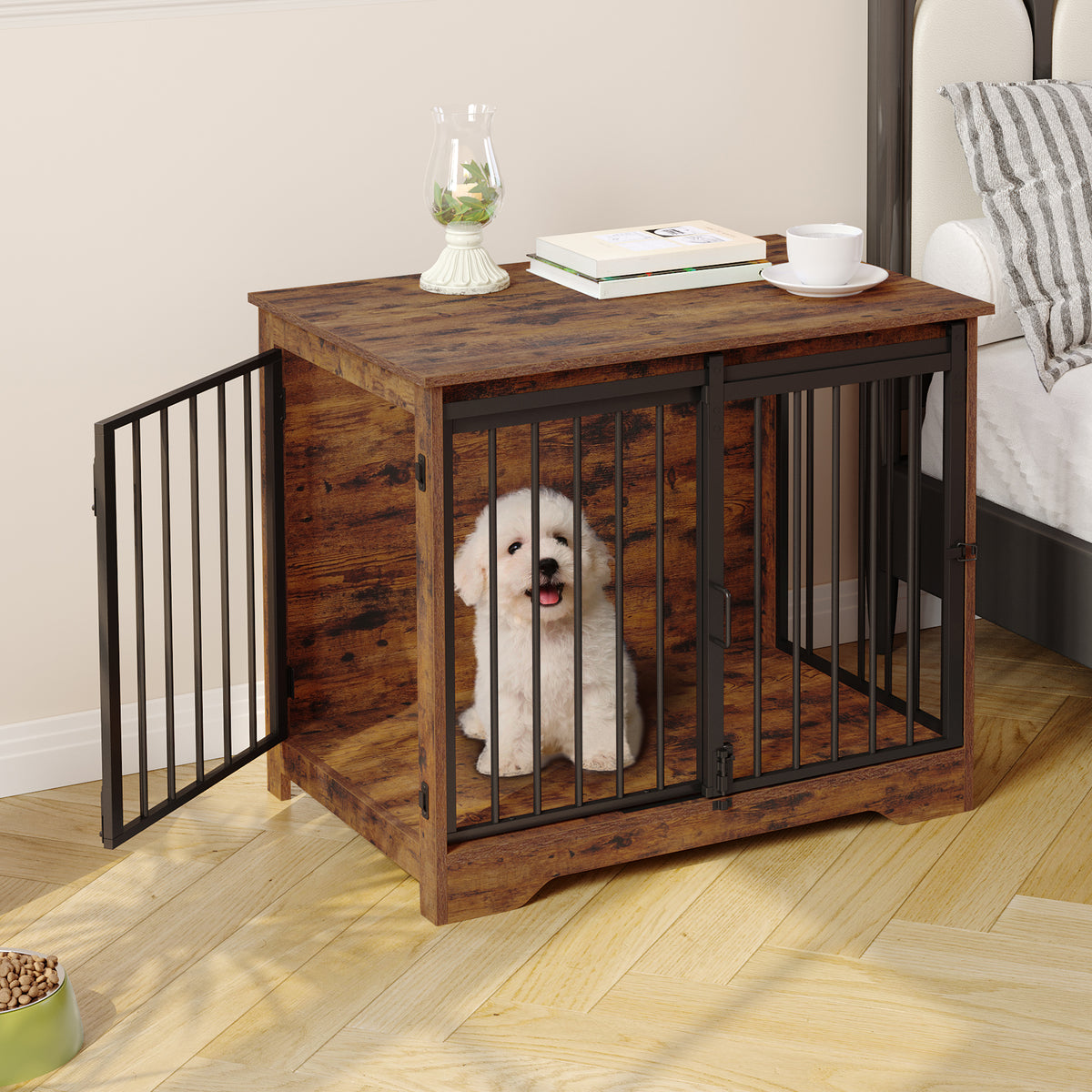 joyunite Dog Crate Furniture, 81cm Dog Box for Home Use, Sliding Doors, 2 Doors, Modern Wooden Indoor Dog Box for Small/Medium Dogs, Dog Crate for Home Use, 81 x 55 x 67.5cm, Vintage Brown DFC83601B