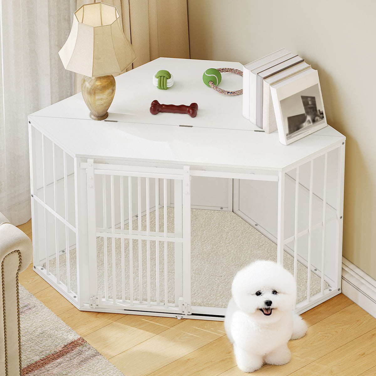 joyunite Corner Dog Cage, Dog Box for Home Use, Dog Cage Furniture with Cushion and Sliding Doors, Modern Wooden Indoor Dog Box with Hinged Lid for Medium and Small Dogs, 107 x 59.6 x 64 cm, White DFC85903W