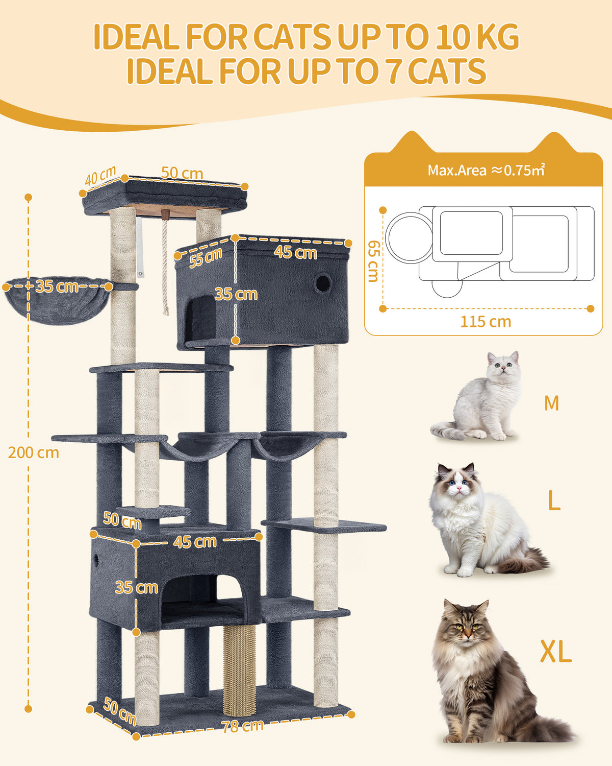 joyunite Cat Scratching Post 200 cm XXL with 10 Scratching Posts, 2 Caves, 2 Hammocks, Large Platform, Cat Brushes, Basket, Heavy Cat Tree for Maine Coon, Large Cats, Dark Grey MS20018SG