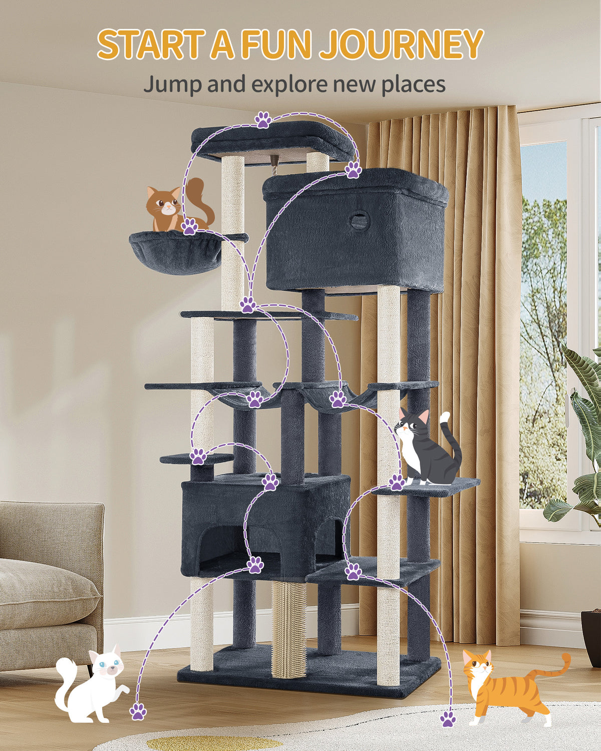 joyunite Cat Scratching Post 200 cm XXL with 10 Scratching Posts, 2 Caves, 2 Hammocks, Large Platform, Cat Brushes, Basket, Heavy Cat Tree for Maine Coon, Large Cats, Dark Grey MS20018SG