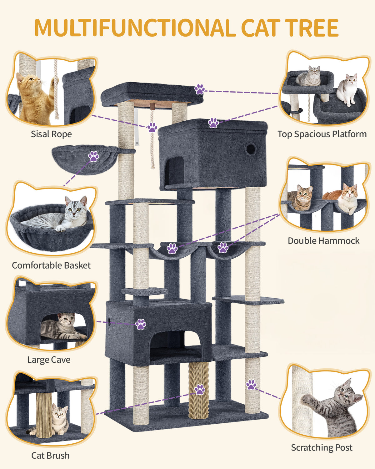 joyunite Cat Scratching Post 200 cm XXL with 10 Scratching Posts, 2 Caves, 2 Hammocks, Large Platform, Cat Brushes, Basket, Heavy Cat Tree for Maine Coon, Large Cats, Dark Grey MS20018SG
