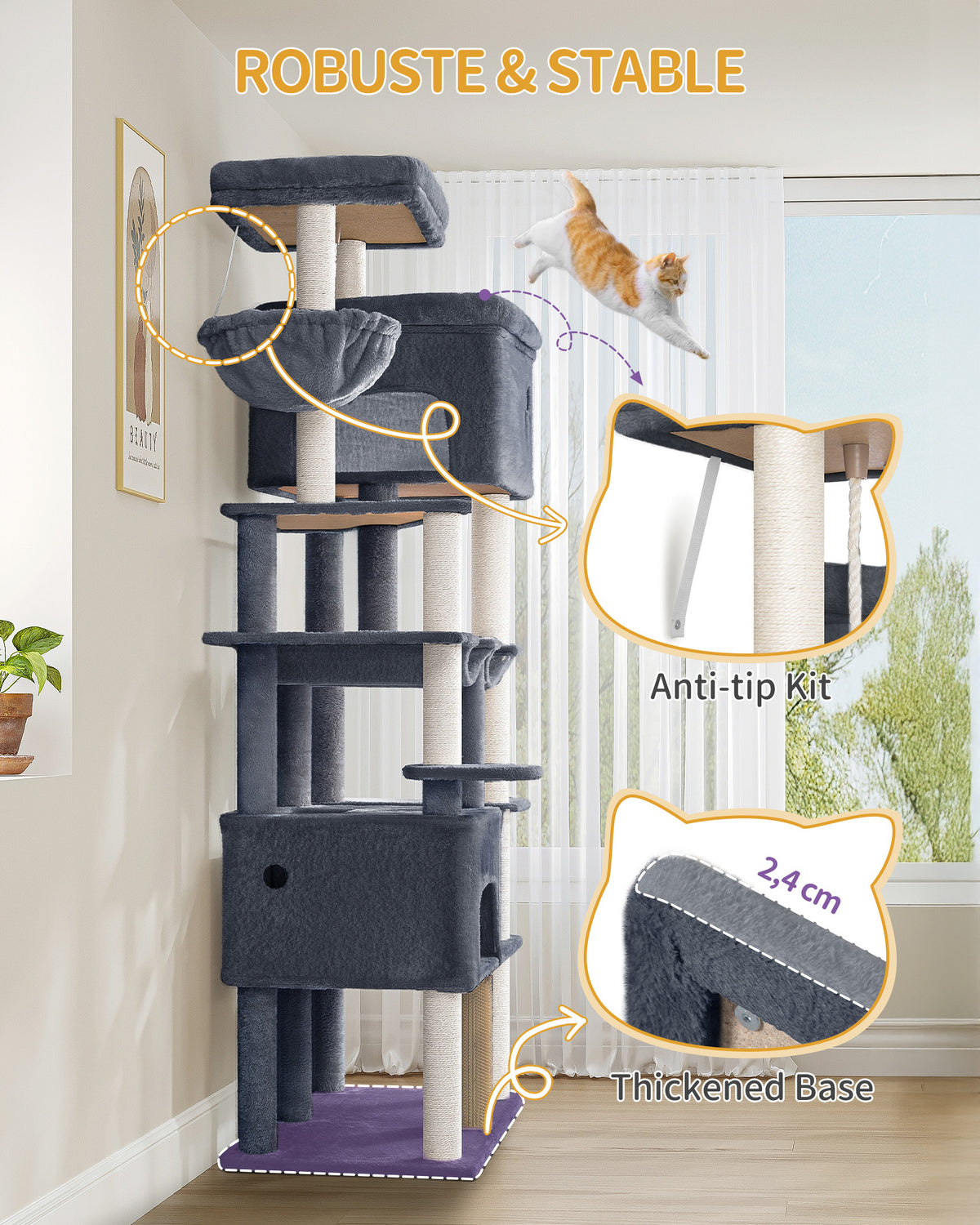 joyunite Cat Scratching Post 200 cm XXL with 10 Scratching Posts, 2 Caves, 2 Hammocks, Large Platform, Cat Brushes, Basket, Heavy Cat Tree for Maine Coon, Large Cats, Dark Grey MS20018SG