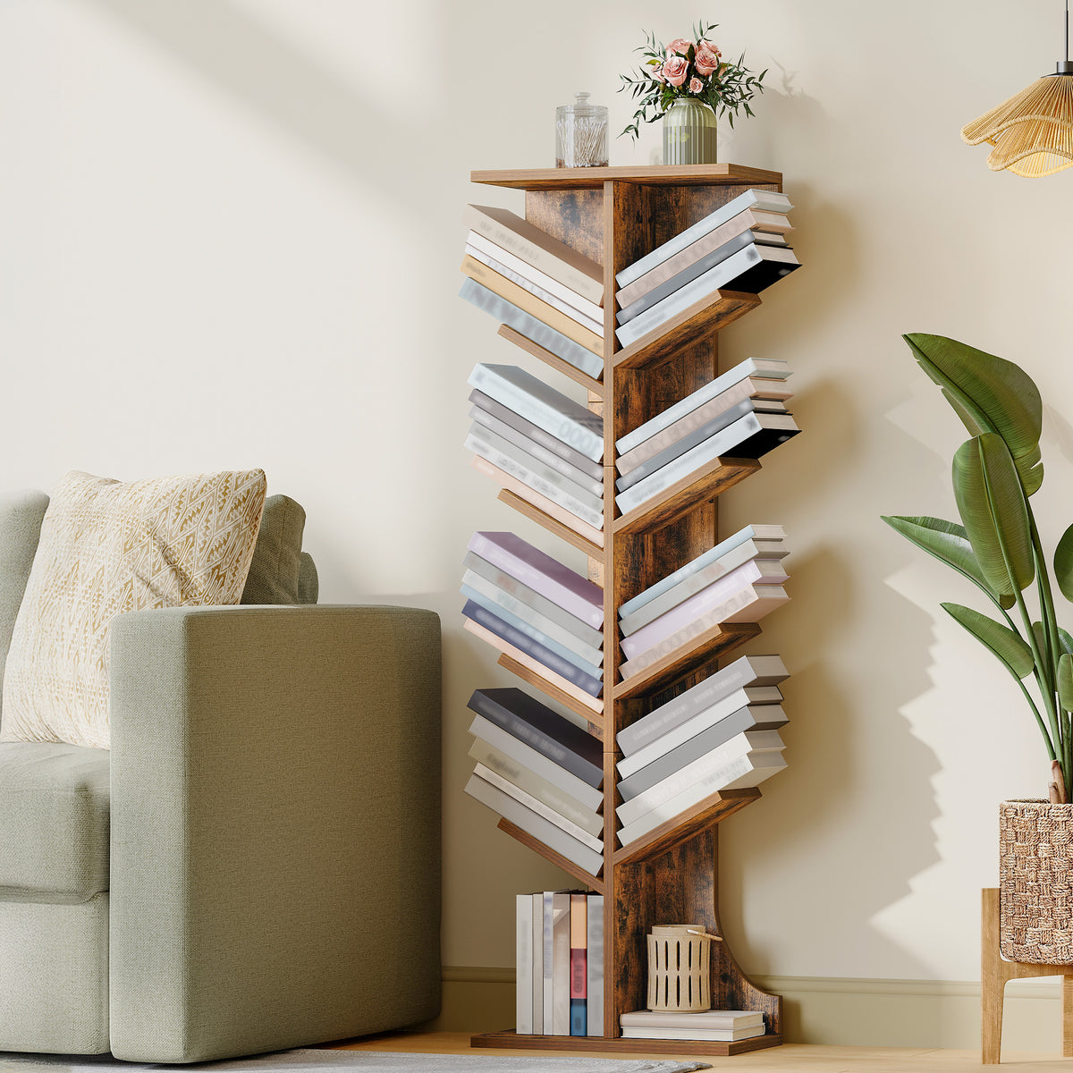 joyunite Tree Bookshelf Bookcase, 11 Tier Floor Standing Book Shelf, Narrow Bookcase, Display Shelf for Living Room, Home, Office, Bedroom, Rustic Brown, BC01601X