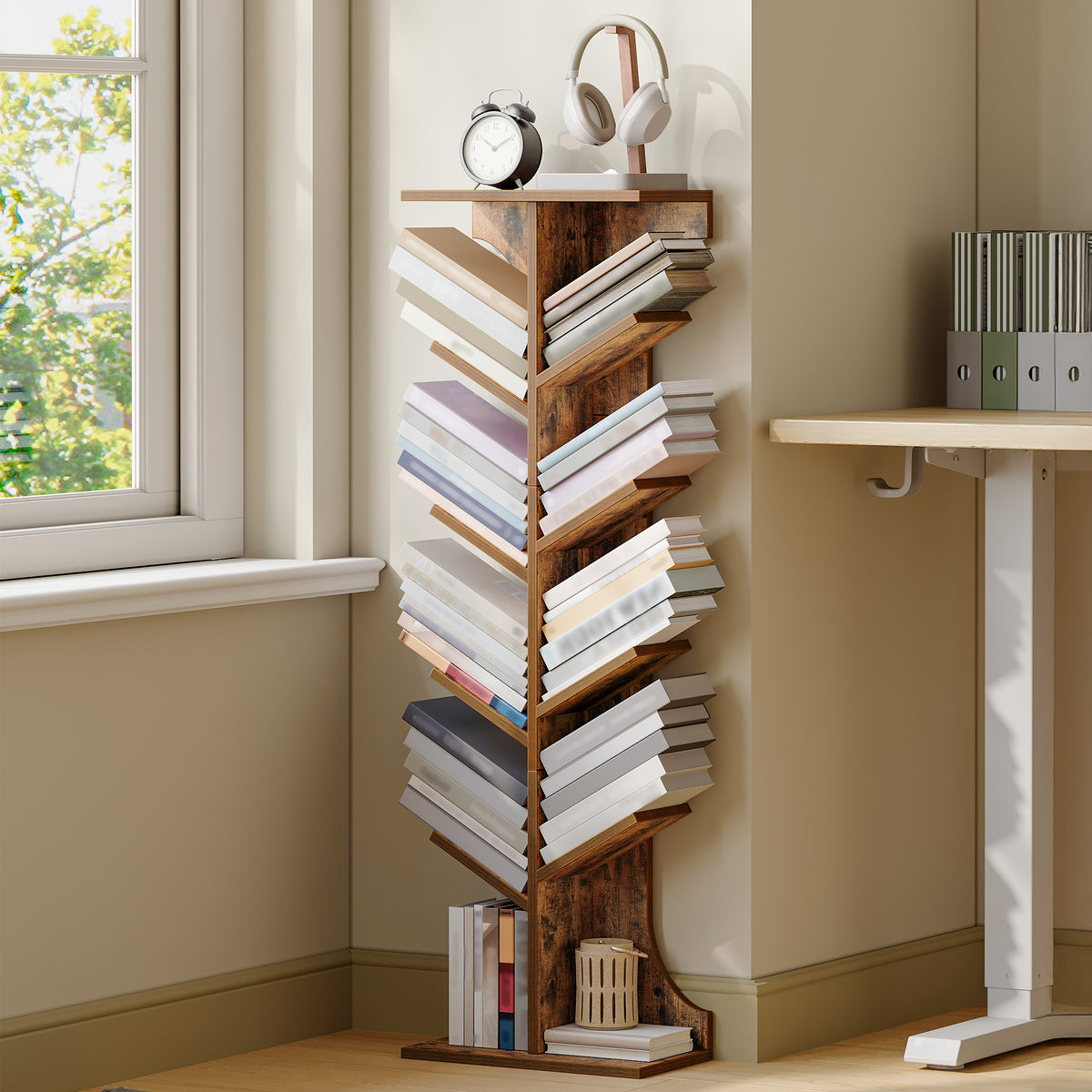 joyunite Tree Bookshelf Bookcase, 11 Tier Floor Standing Book Shelf, Narrow Bookcase, Display Shelf for Living Room, Home, Office, Bedroom, Rustic Brown, BC01601X