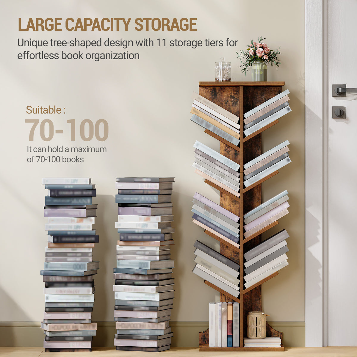 joyunite Tree Bookshelf Bookcase, 11 Tier Floor Standing Book Shelf, Narrow Bookcase, Display Shelf for Living Room, Home, Office, Bedroom, Rustic Brown, BC01601X