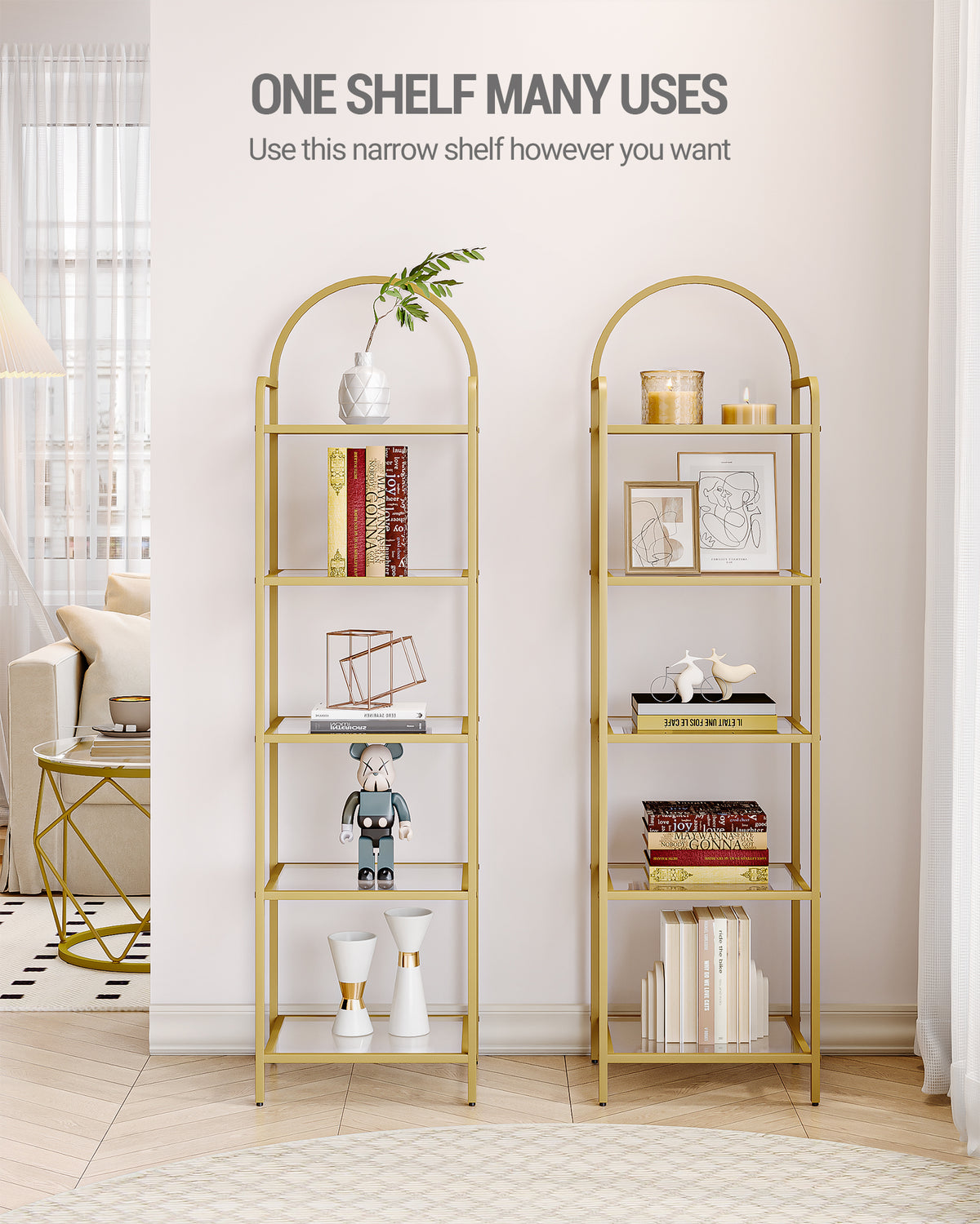 joyunite 5 Tier Bookcase Bookshelf, Tempered Glass Bookshelves, Slim Shelving Unit for Bedroom, Bathroom, Home Office, Steel Frame, Gold BC05001G