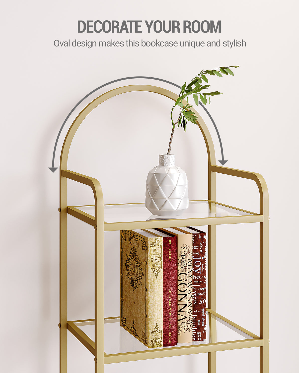 joyunite 5 Tier Bookcase Bookshelf, Tempered Glass Bookshelves, Slim Shelving Unit for Bedroom, Bathroom, Home Office, Steel Frame, Gold BC05001G