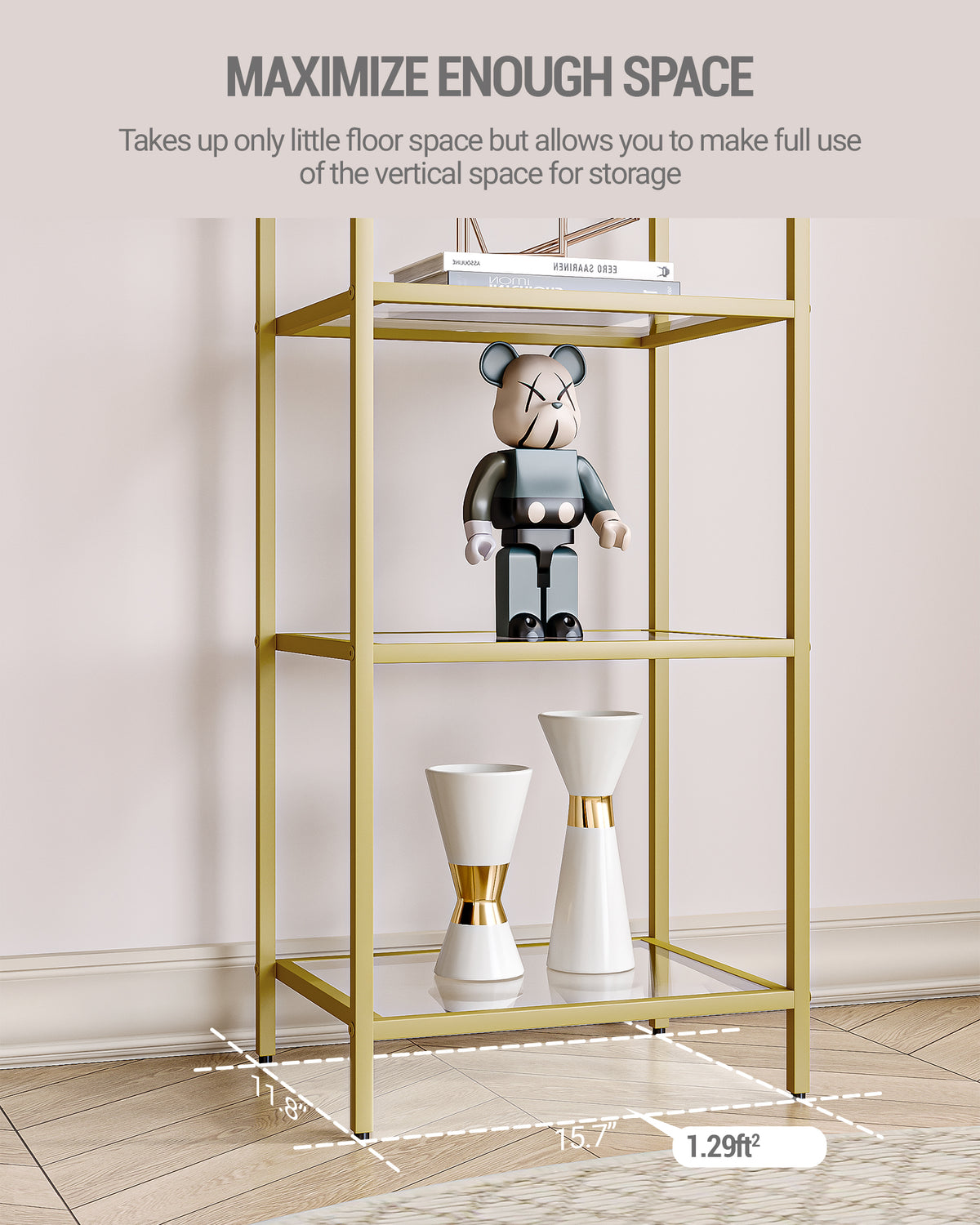 joyunite 5 Tier Bookcase Bookshelf, Tempered Glass Bookshelves, Slim Shelving Unit for Bedroom, Bathroom, Home Office, Steel Frame, Gold BC05001G