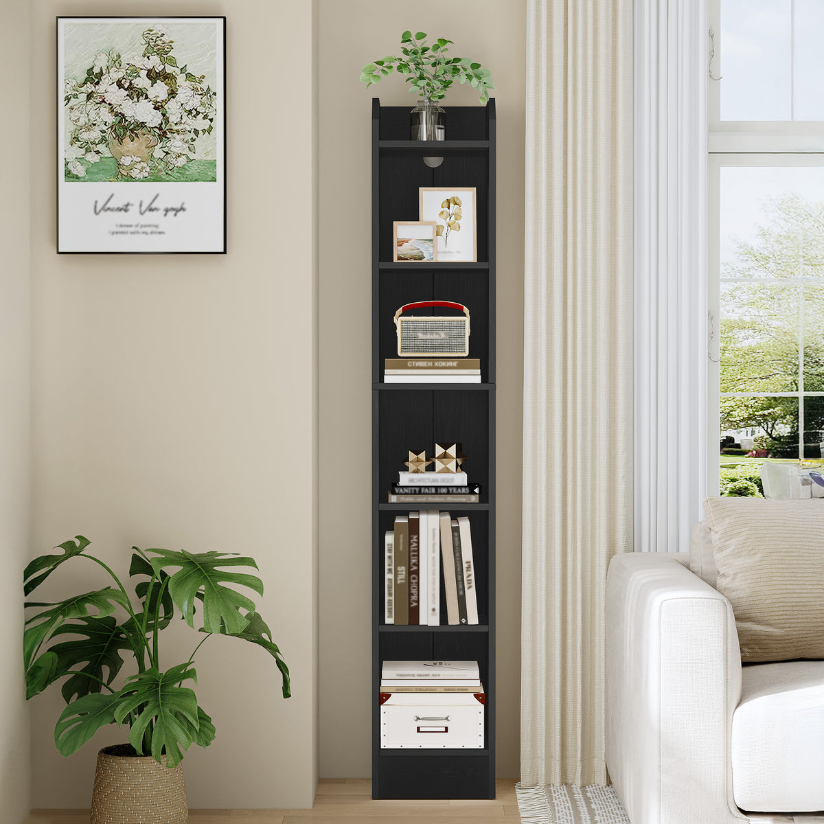 joyunite Bookcase, 6-Tier Narrow Tall Bookshelf, Wooden Bookshelf with Adjustable Shelf, Open Storage Shelf for Bedroom, Living Room, Home Office, 24 x 30 x 169.5 cm, Black, BC06904X