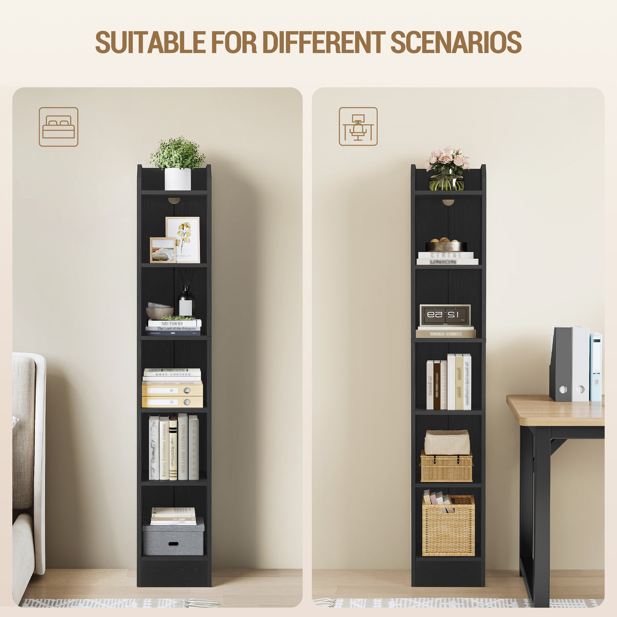 joyunite Bookcase, 6-Tier Narrow Tall Bookshelf, Wooden Bookshelf with Adjustable Shelf, Open Storage Shelf for Bedroom, Living Room, Home Office, 24 x 30 x 169.5 cm, Black, BC06904X