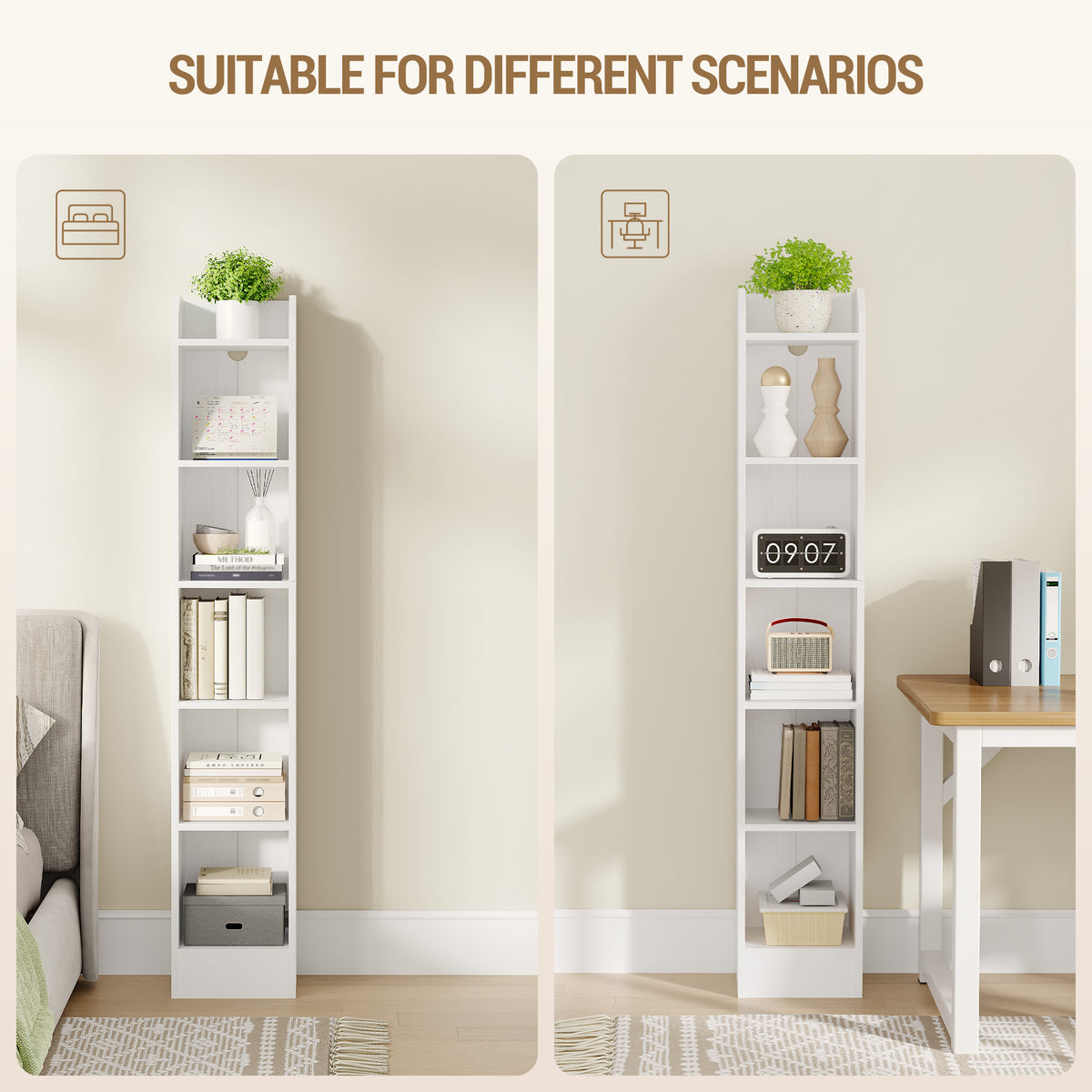 joyunite Bookcase, 6-Tier Narrow Tall Bookshelf, Wooden Bookshelf with Adjustable Shelf, Open Storage Shelf for Bedroom, Living Room, Home Office, 24 x 30 x 169.5 cm, White, BC06913X