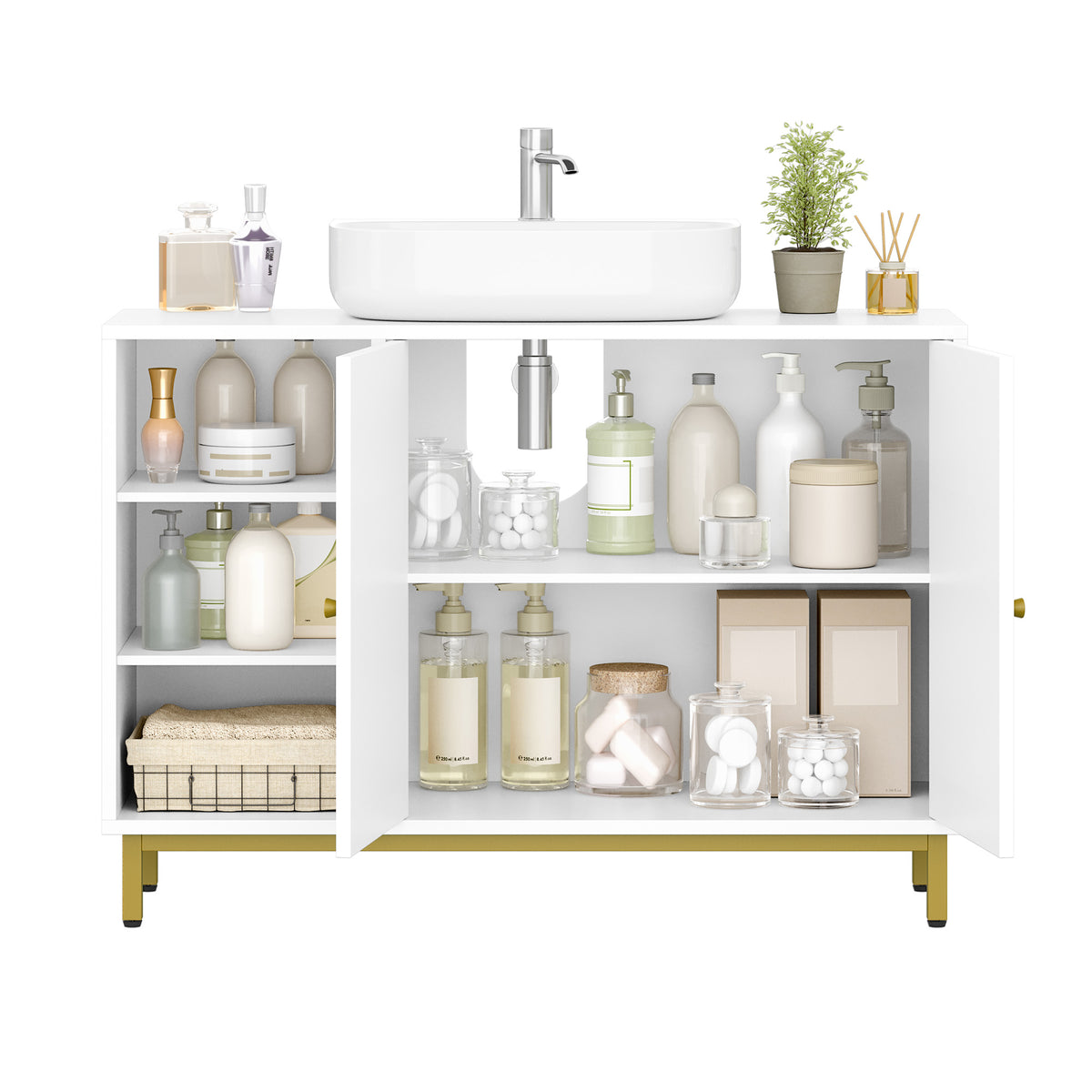 joyunite Vanity Unit, 30 x 90 x 63 cm, Base Cabinet, Vanity Unit, Bathroom Cabinet with 2 Doors, Adjustable Shelf, Ample Storage Space, Modern Style, White-Gold BC09803G