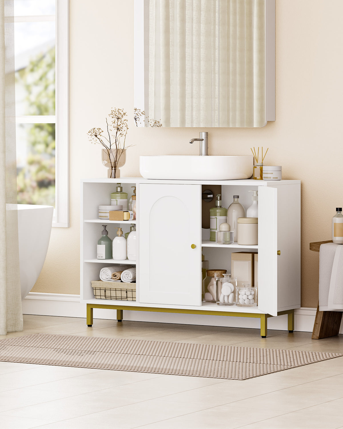 joyunite Vanity Unit, 30 x 90 x 63 cm, Base Cabinet, Vanity Unit, Bathroom Cabinet with 2 Doors, Adjustable Shelf, Ample Storage Space, Modern Style, White-Gold BC09803G