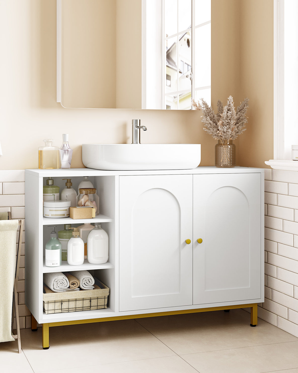 joyunite Vanity Unit, 30 x 90 x 63 cm, Base Cabinet, Vanity Unit, Bathroom Cabinet with 2 Doors, Adjustable Shelf, Ample Storage Space, Modern Style, White-Gold BC09803G