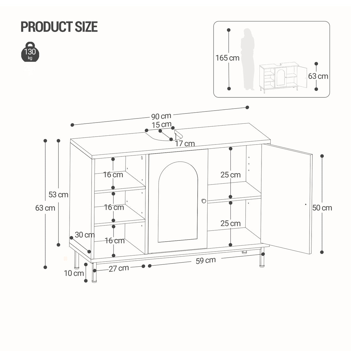 joyunite Vanity Unit, Base Cabinet, Washbasin Cabinet, Bathroom Cabinet with 2 Doors, Adjustable Shelf, Ample Storage Space, Modern Style, 30 x 90 x 63 cm, Black BC09804G